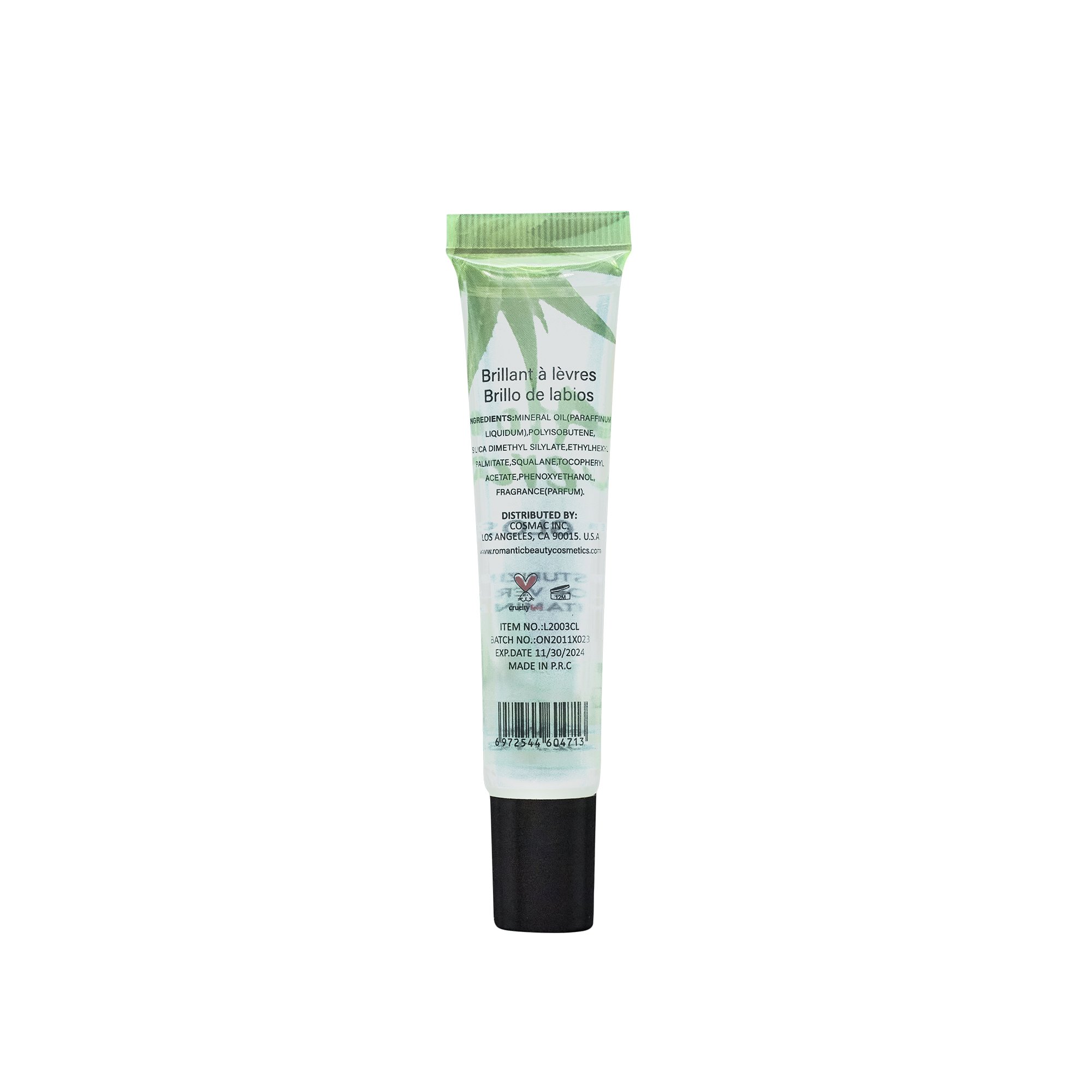 Aloe Vera Clear Lip Gloss by Romantic Beauty in a sleek tube, showcasing its glossy texture and angled applicator tip.