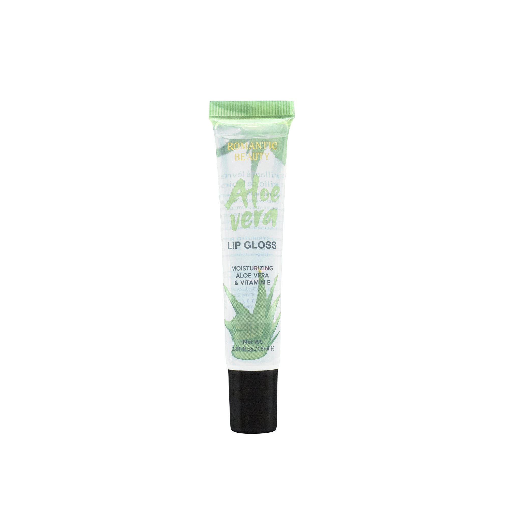 Aloe Vera Clear Lip Gloss by Romantic Beauty in a sleek tube, showcasing its glossy texture and angled applicator tip.