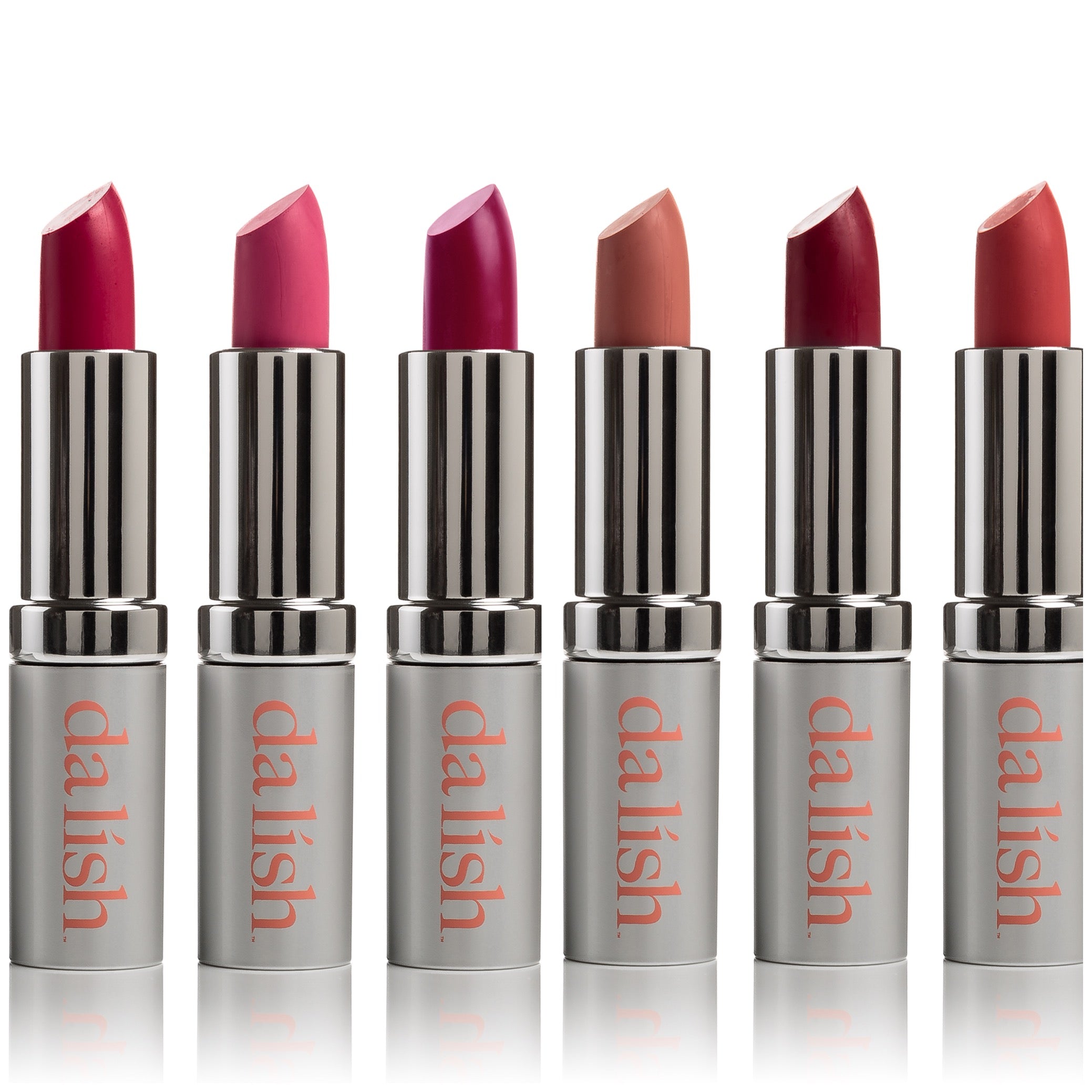 A collection of 7 vibrant matte lipsticks in various shades, showcasing their elegant packaging and rich colors.