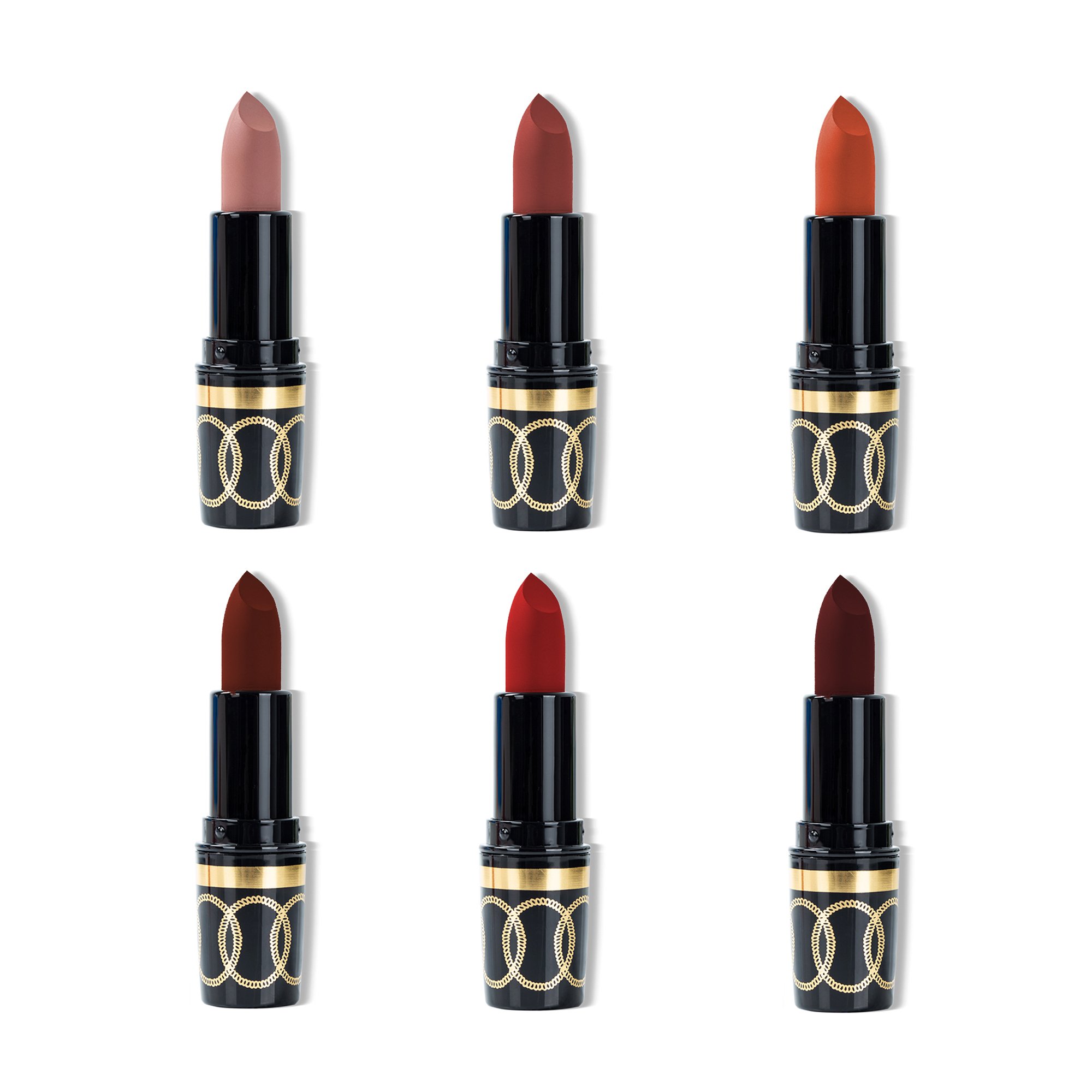 A set of six Love Matte Lipsticks in various vibrant shades, elegantly displayed in a chic packaging.