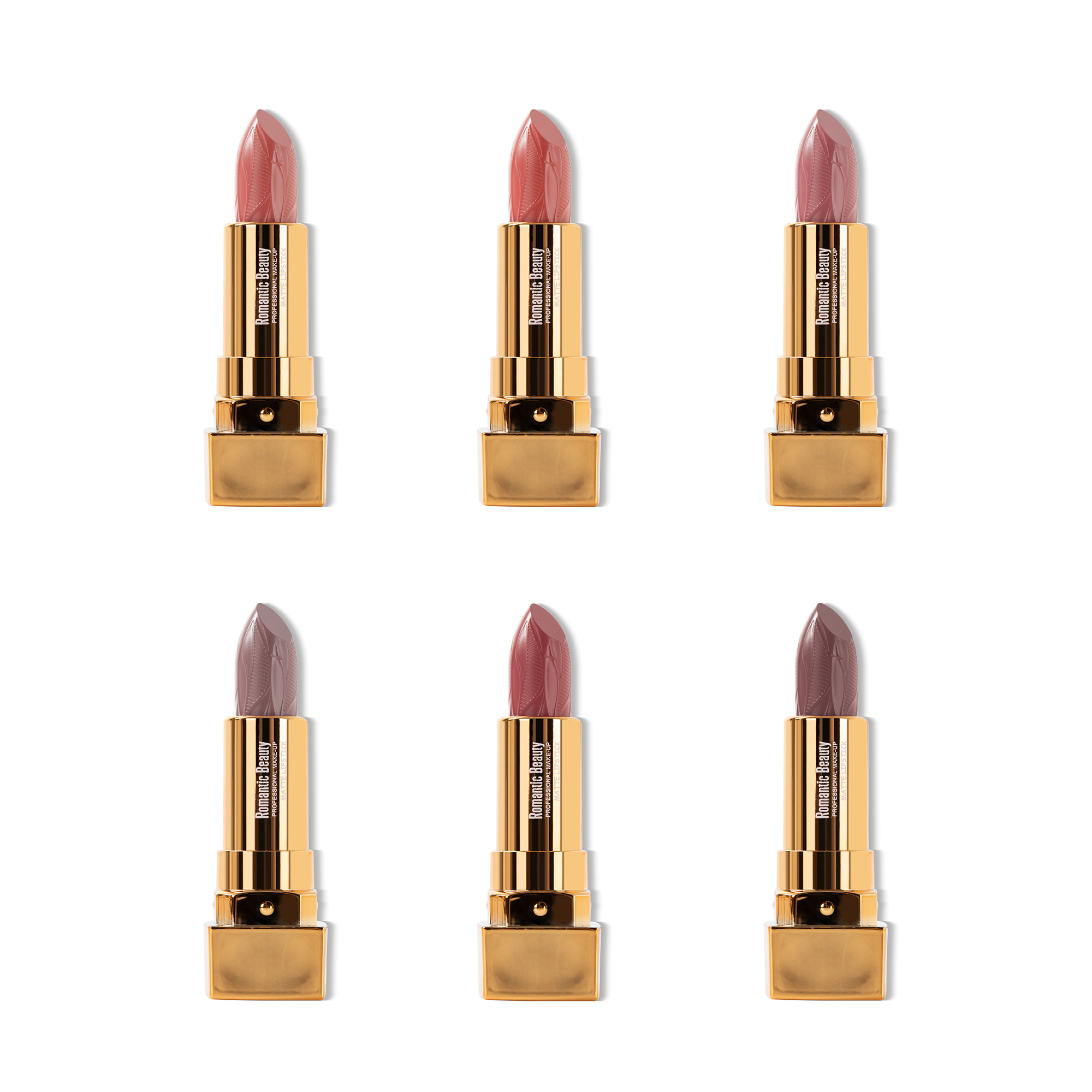 A set of six Luscious Matte Lipsticks in nude shades, showcasing vibrant colors and sleek packaging.