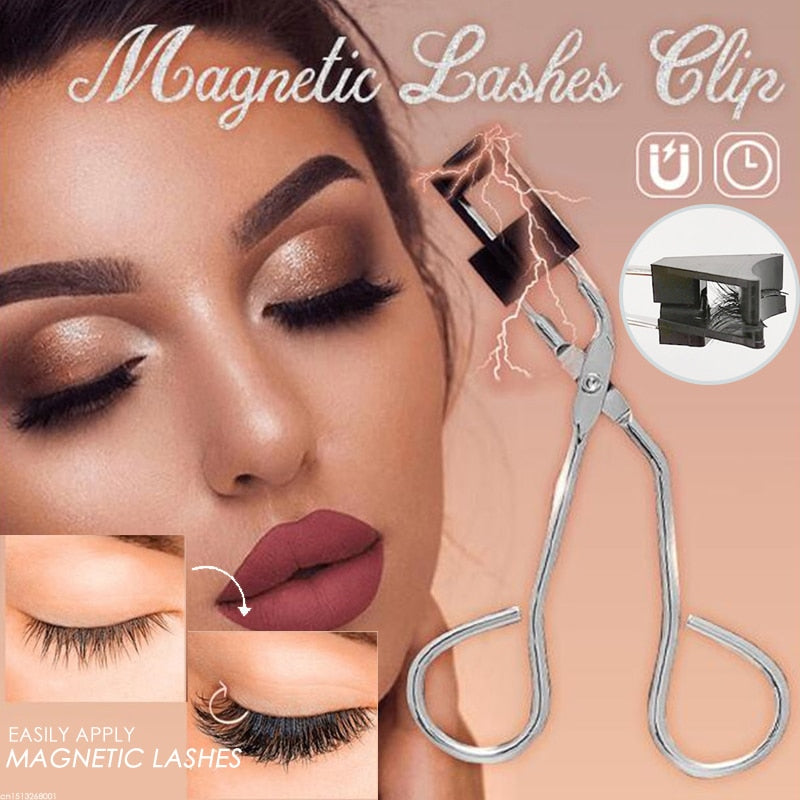 Magnetic Quantum Eyelash Curler with false eyelashes, showcasing its sleek stainless steel design and magnetic functionality.