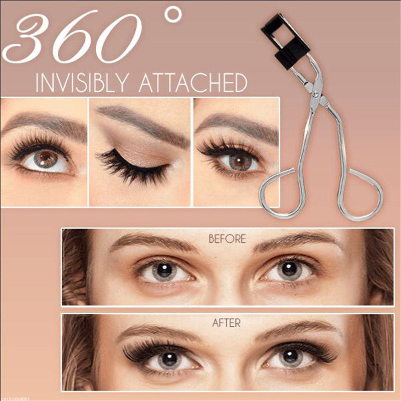 Magnetic Quantum Eyelash Curler with false eyelashes, showcasing its sleek stainless steel design and magnetic functionality.