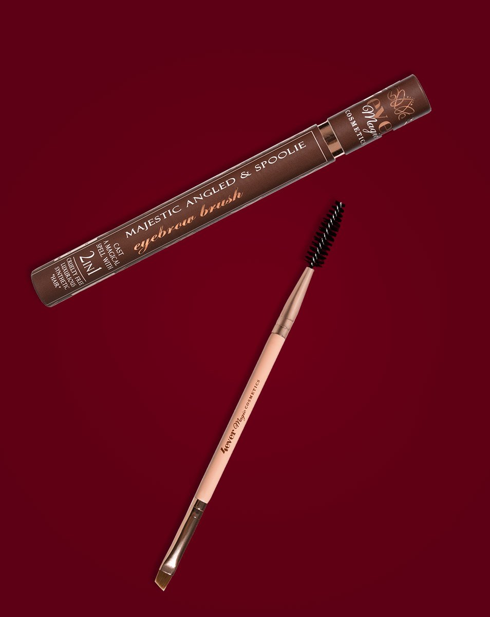 Majestic Angled and Spoolie Eyebrow Brush featuring luxurious synthetic bristles for precise eyebrow grooming and blending.