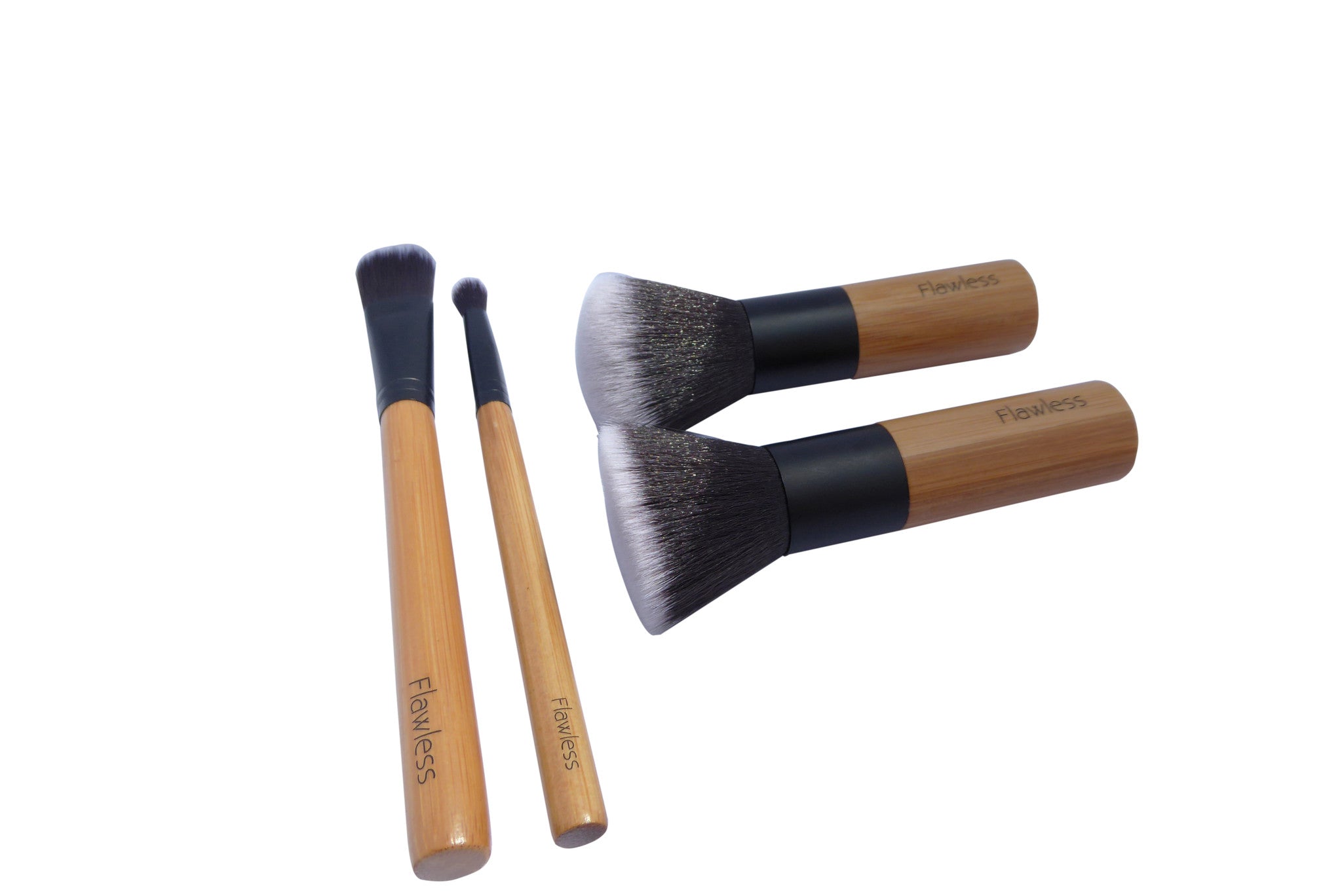 Natural Makeup Brush Set including Flat Foundation, Buffing, Powder, and Blending brushes in an organic cotton cosmetic bag.