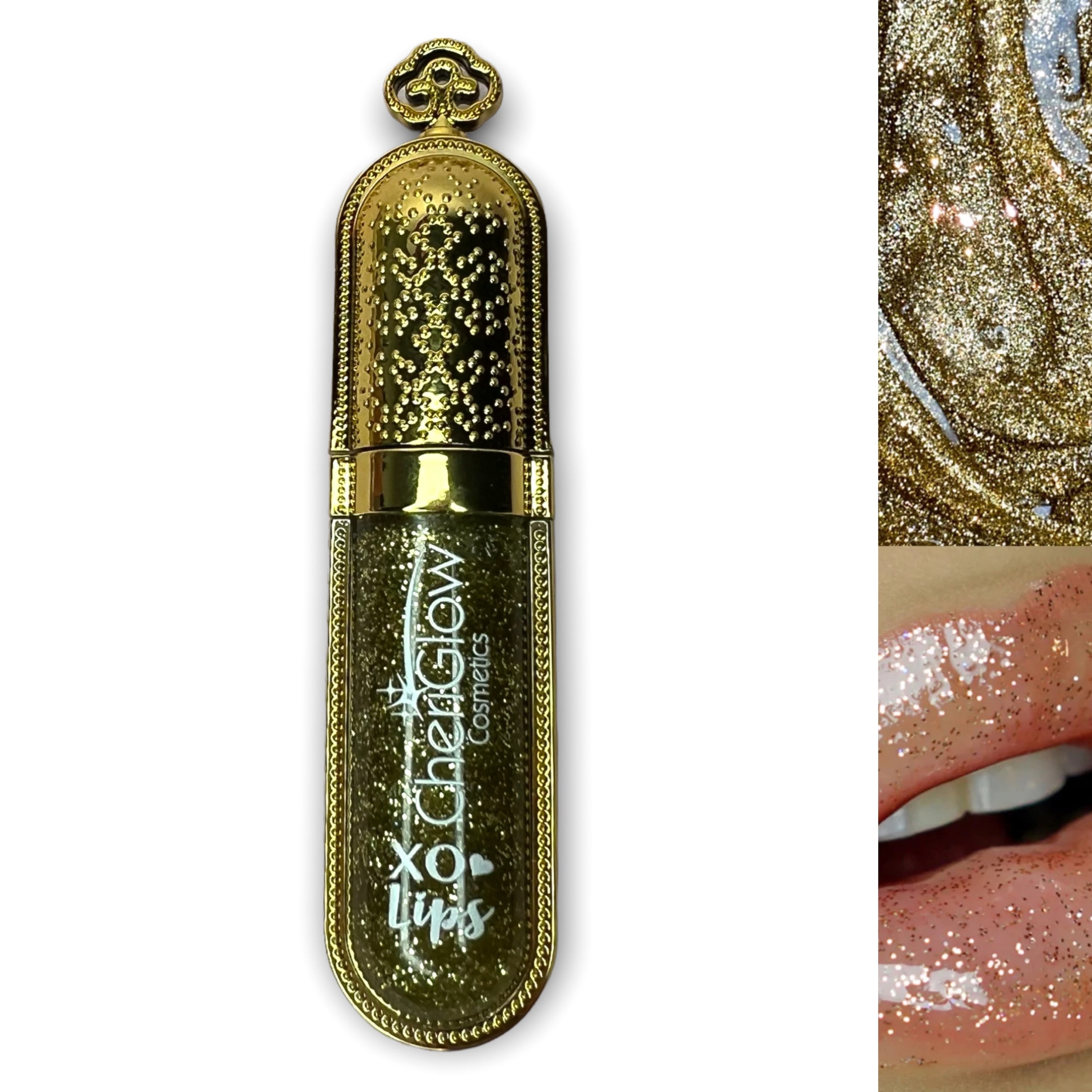 A luxurious tube of Million Dollar - XO Royalty Lipgloss featuring a shiny, glittery finish, perfect for glamorous lips.