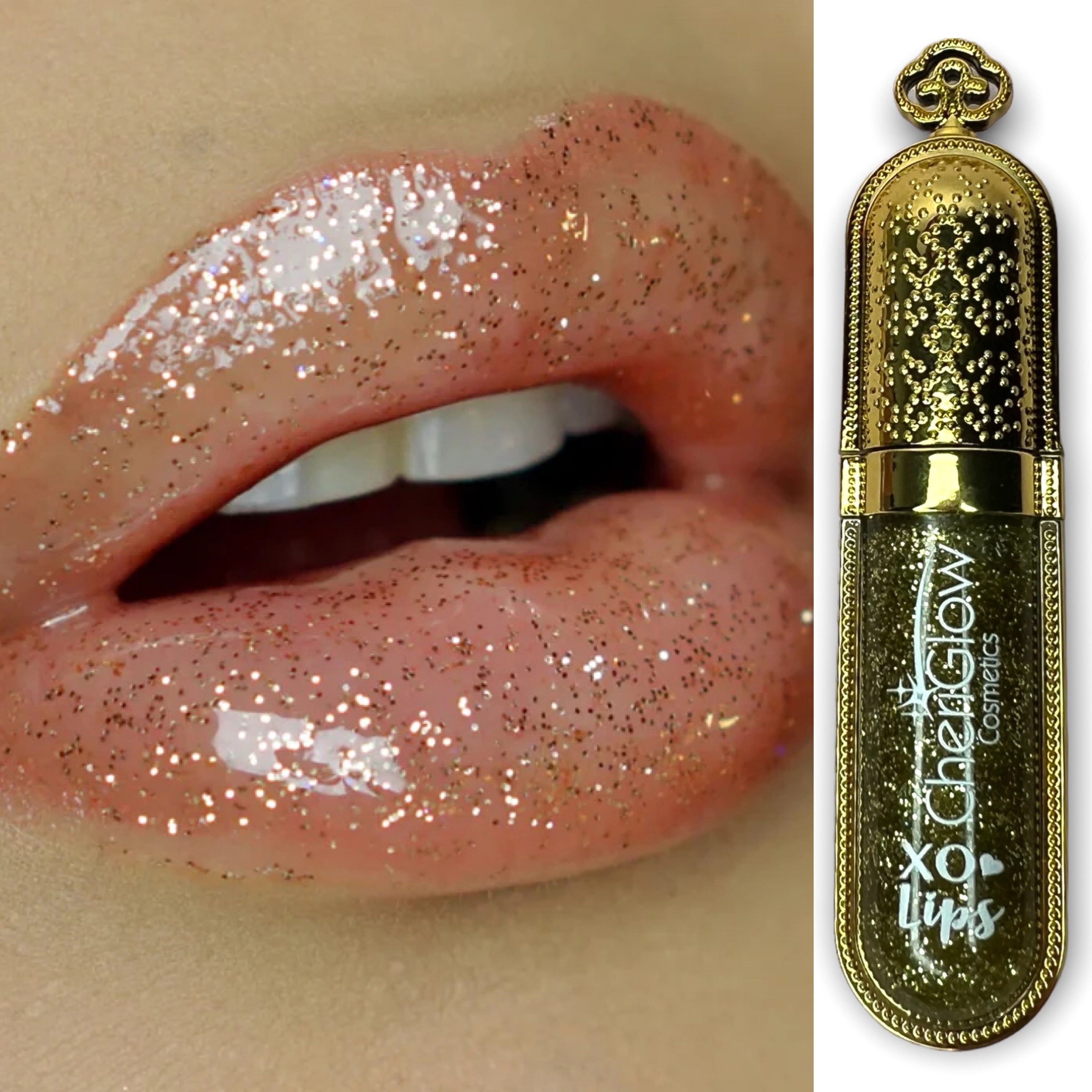 A luxurious tube of Million Dollar - XO Royalty Lipgloss featuring a shiny, glittery finish, perfect for glamorous lips.