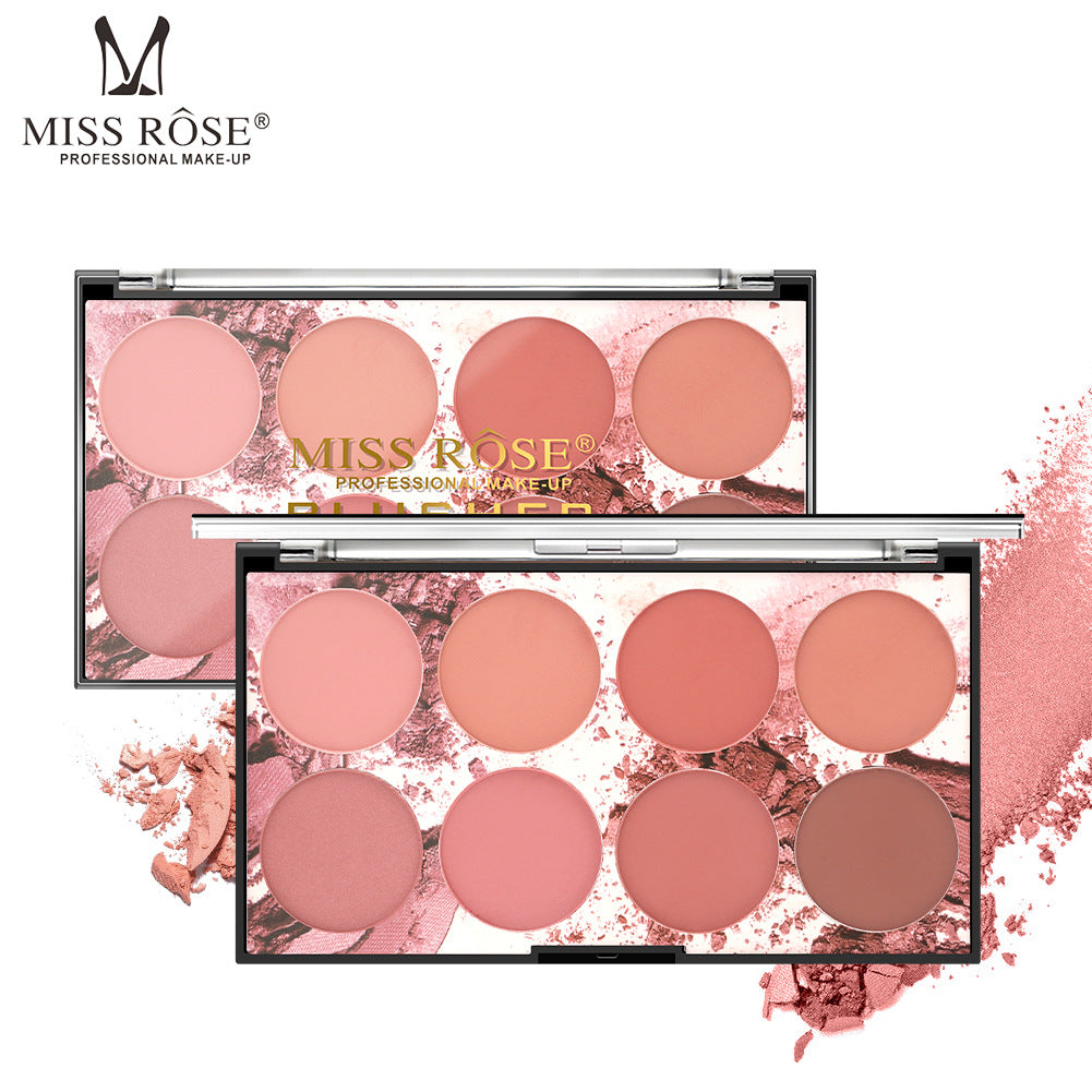 Miss Rose Eight Color Blush Palette showcasing eight matte shades in a compact design, perfect for achieving a natural sun red glow.