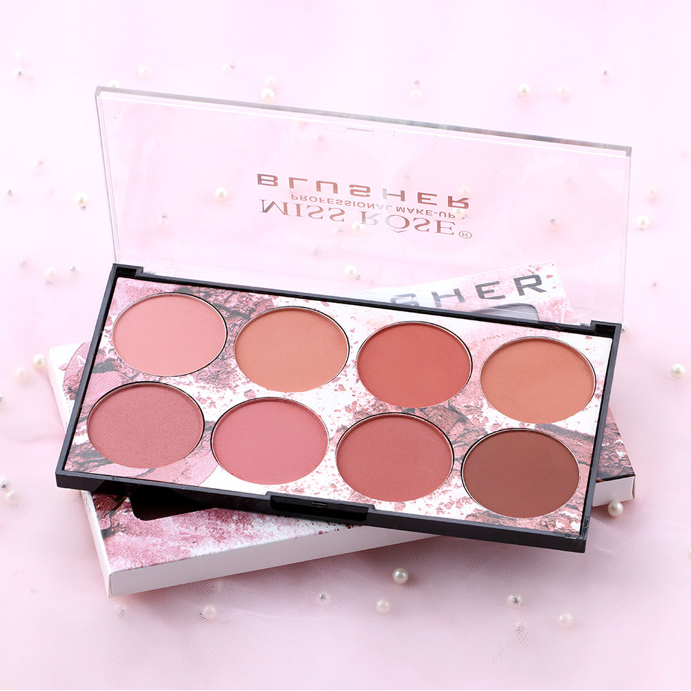 Miss Rose Eight Color Blush Palette showcasing eight matte shades in a compact design, perfect for achieving a natural sun red glow.