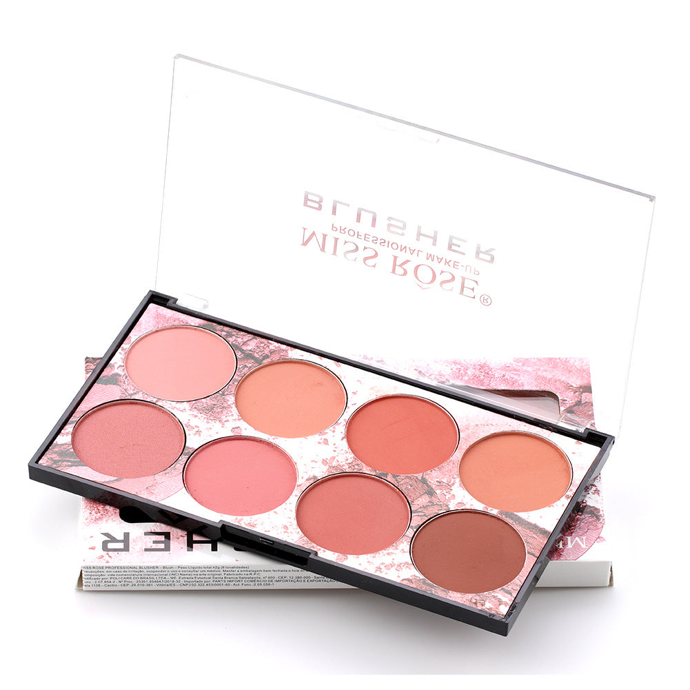 Miss Rose Eight Color Blush Palette showcasing eight matte shades in a compact design, perfect for achieving a natural sun red glow.