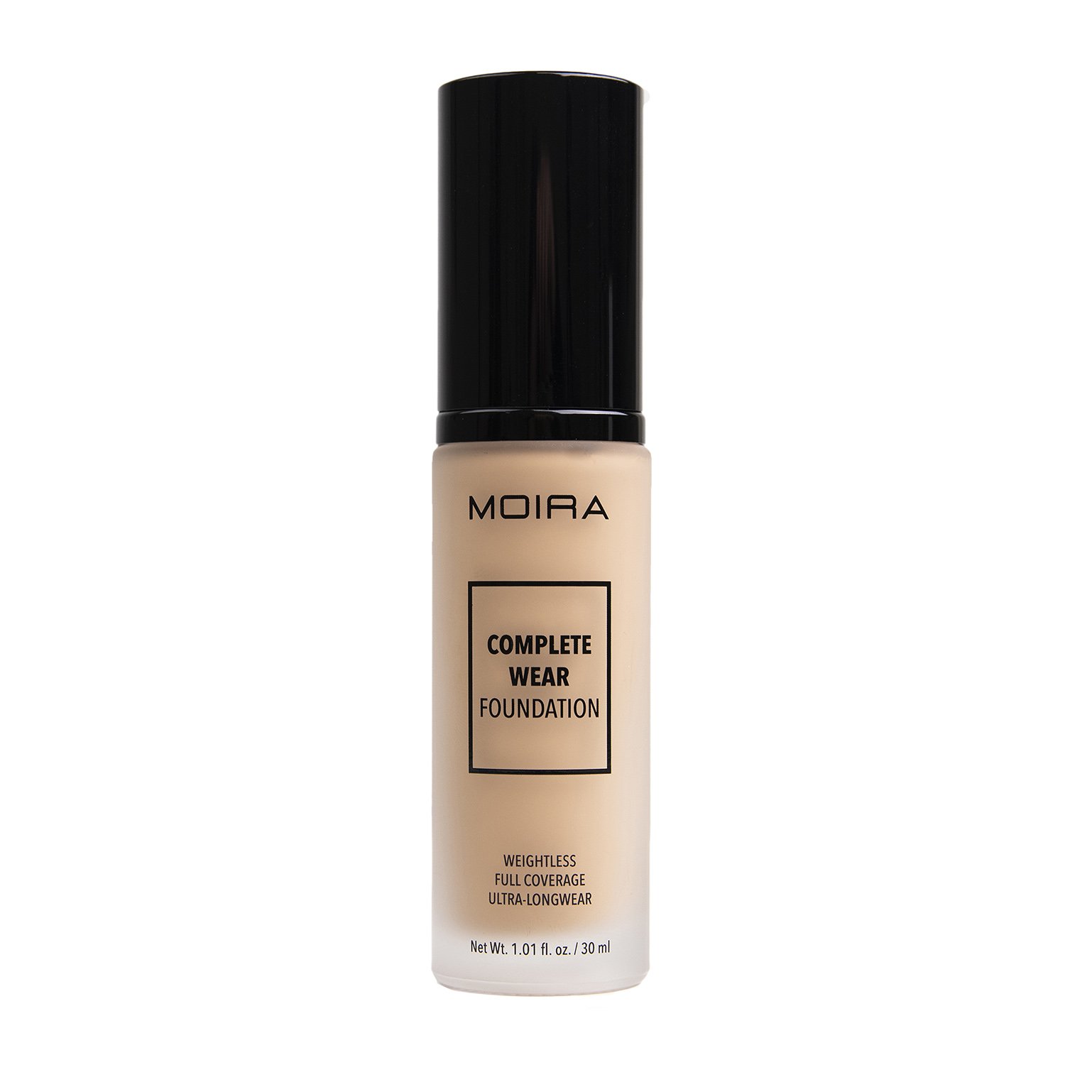 MOIRA Complete Wear Foundation bottle with a sleek design, showcasing its full coverage formula for a flawless finish.