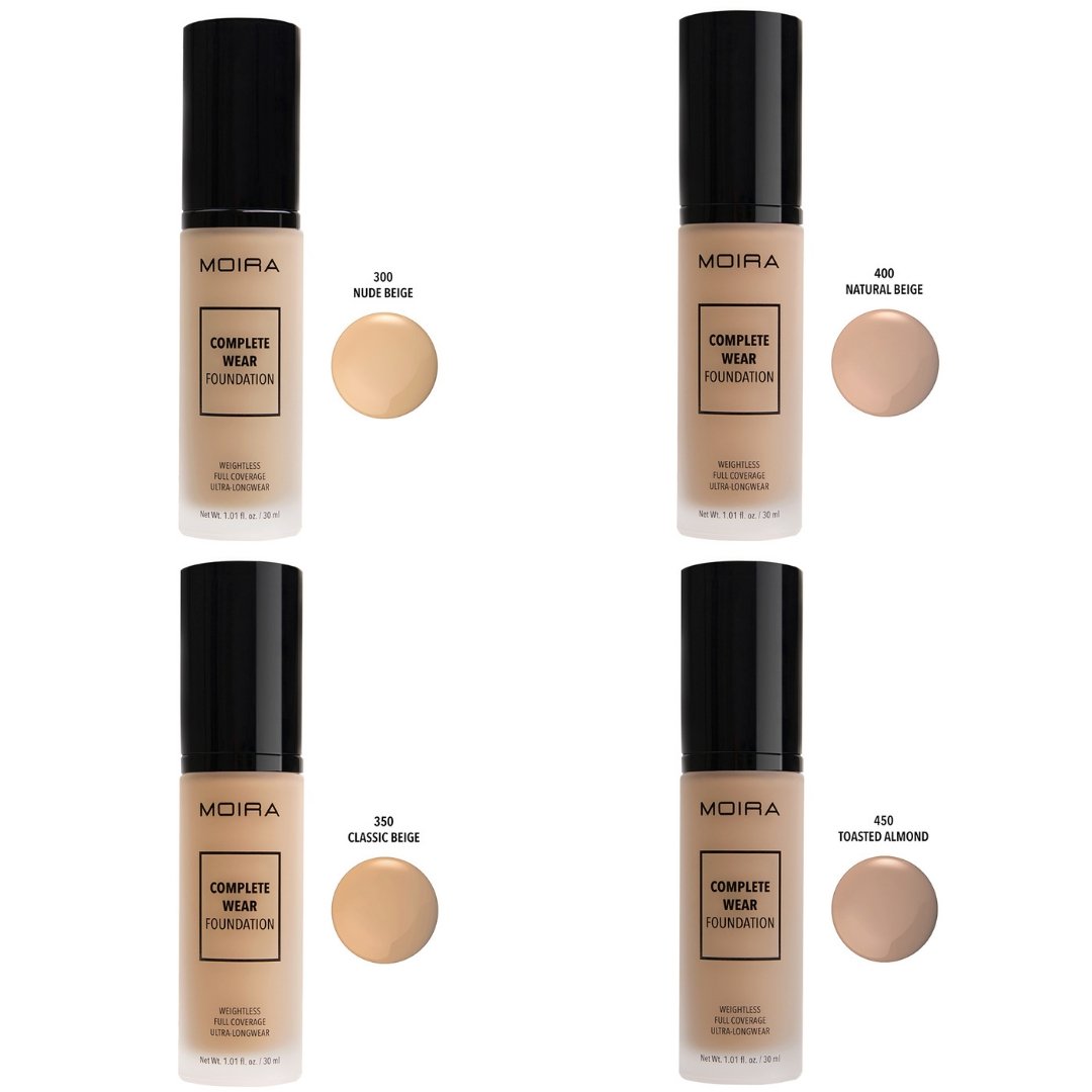 MOIRA Complete Wear Foundation bottle with a sleek design, showcasing its full coverage formula for a flawless finish.