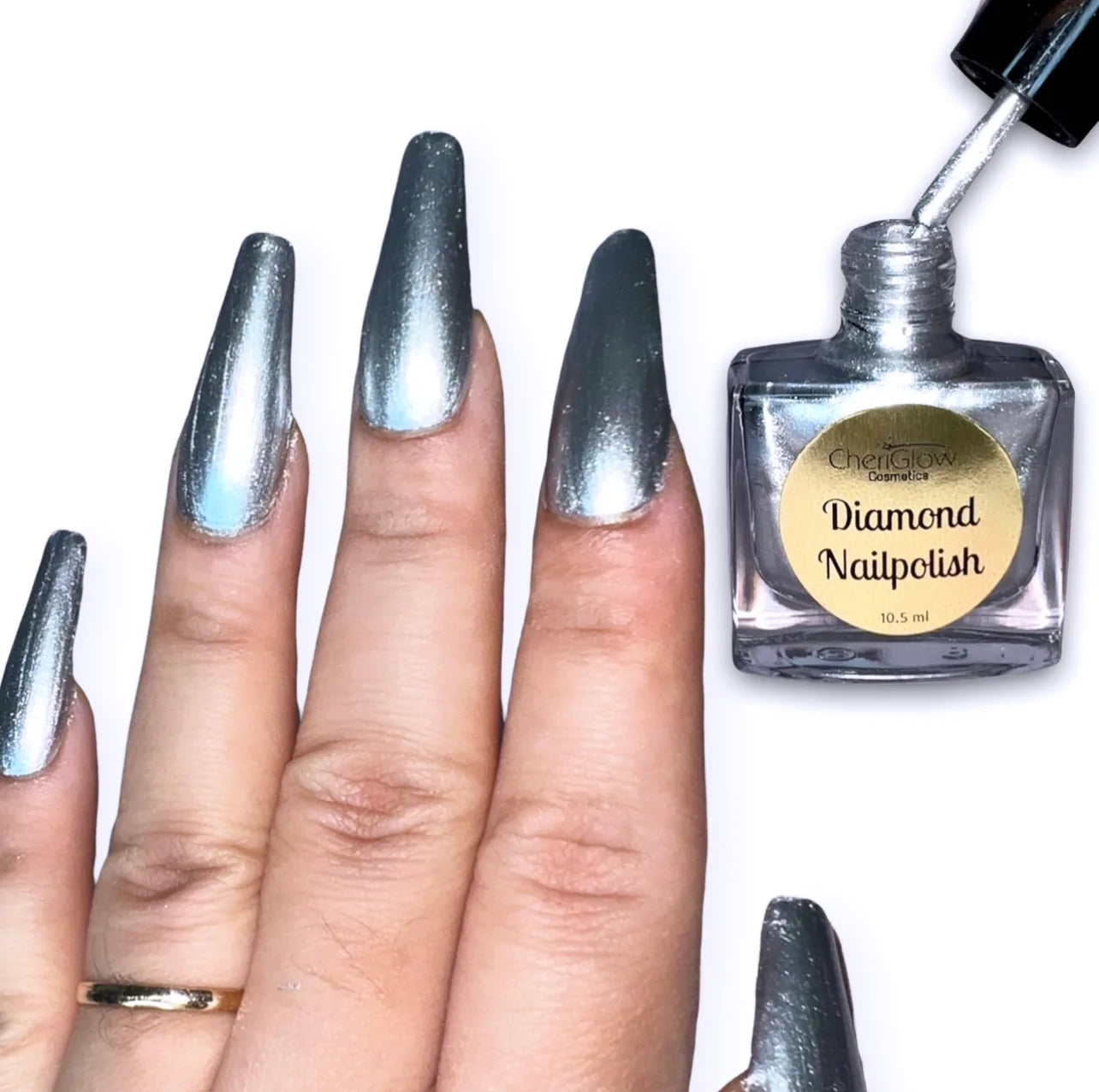 Moonlight Diamond Nail Polish in a sleek bottle showcasing a stunning silver color with a diamond-like finish.