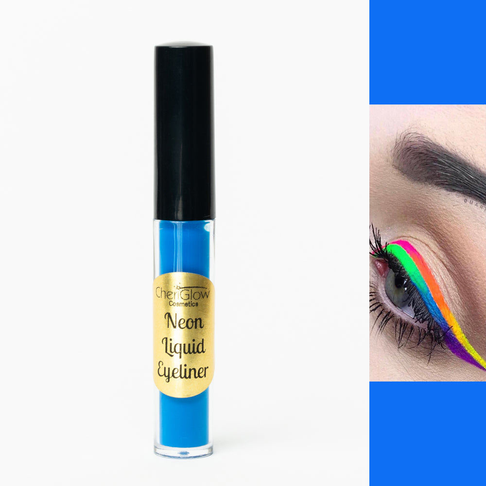 A vibrant neon blue liquid eyeliner with a fine brush tip for precise application, showcasing its waterproof and smudge-proof features.