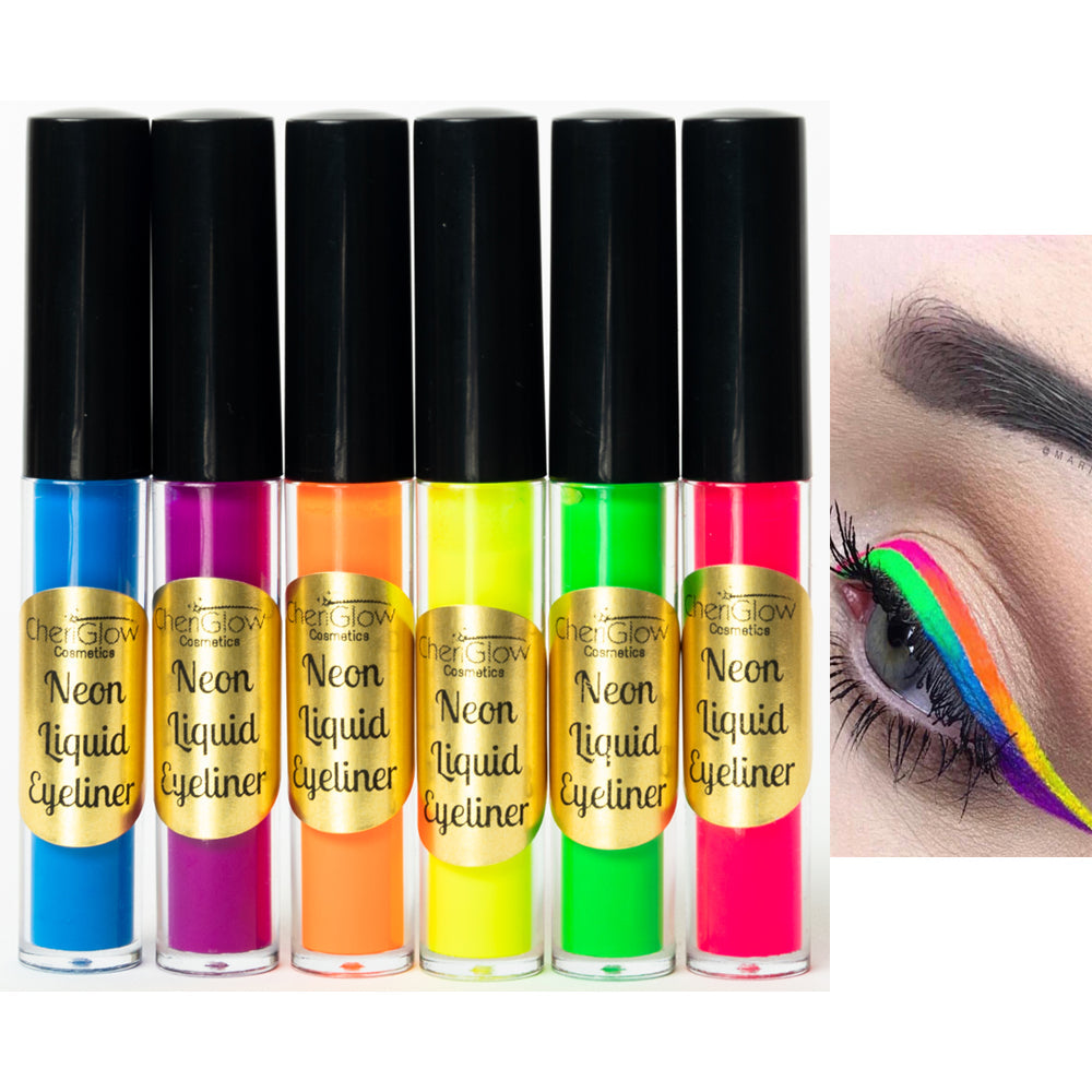 Set of 6 Neon Liquid Eyeliners in vibrant colors including yellow, green, pink, purple, orange, and blue, displayed in a sleek arrangement.