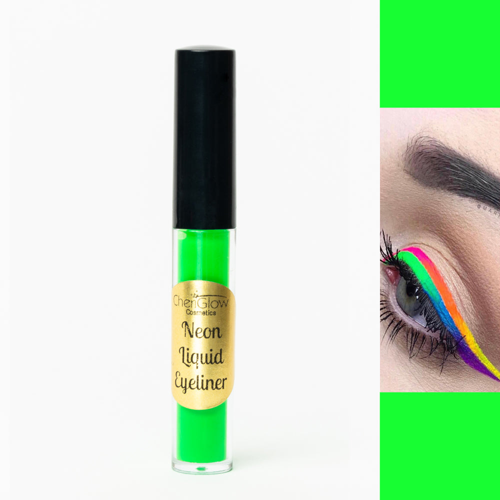 Set of 6 Neon Liquid Eyeliners in vibrant colors including yellow, green, pink, purple, orange, and blue, displayed in a sleek arrangement.