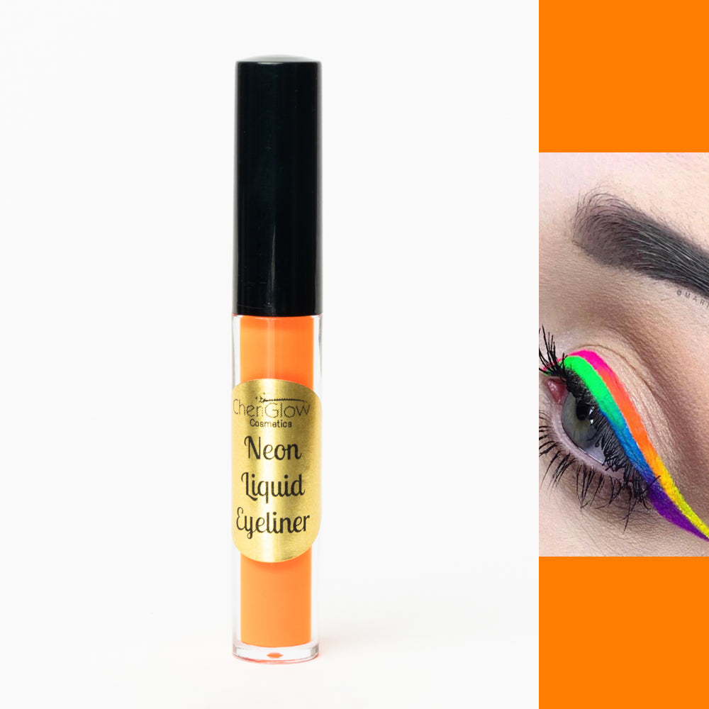 Set of 6 Neon Liquid Eyeliners in vibrant colors including yellow, green, pink, purple, orange, and blue, displayed in a sleek arrangement.