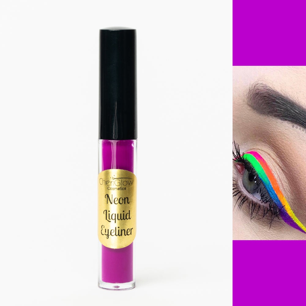 Set of 6 Neon Liquid Eyeliners in vibrant colors including yellow, green, pink, purple, orange, and blue, displayed in a sleek arrangement.