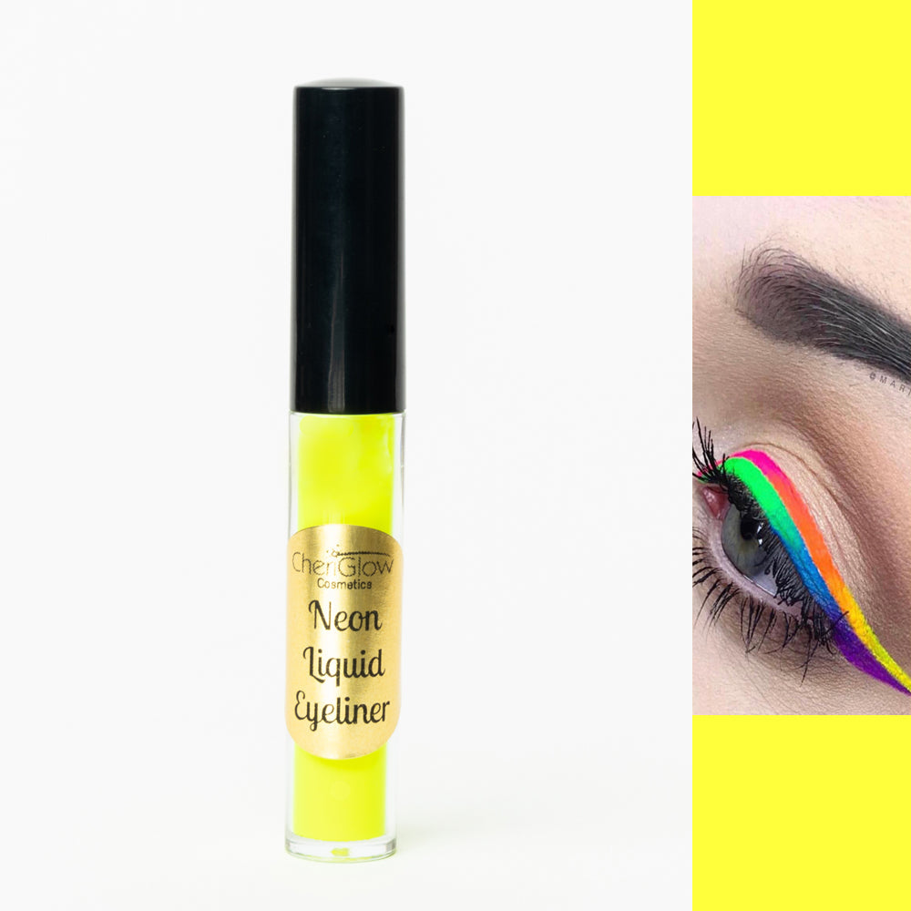 Set of 6 Neon Liquid Eyeliners in vibrant colors including yellow, green, pink, purple, orange, and blue, displayed in a sleek arrangement.