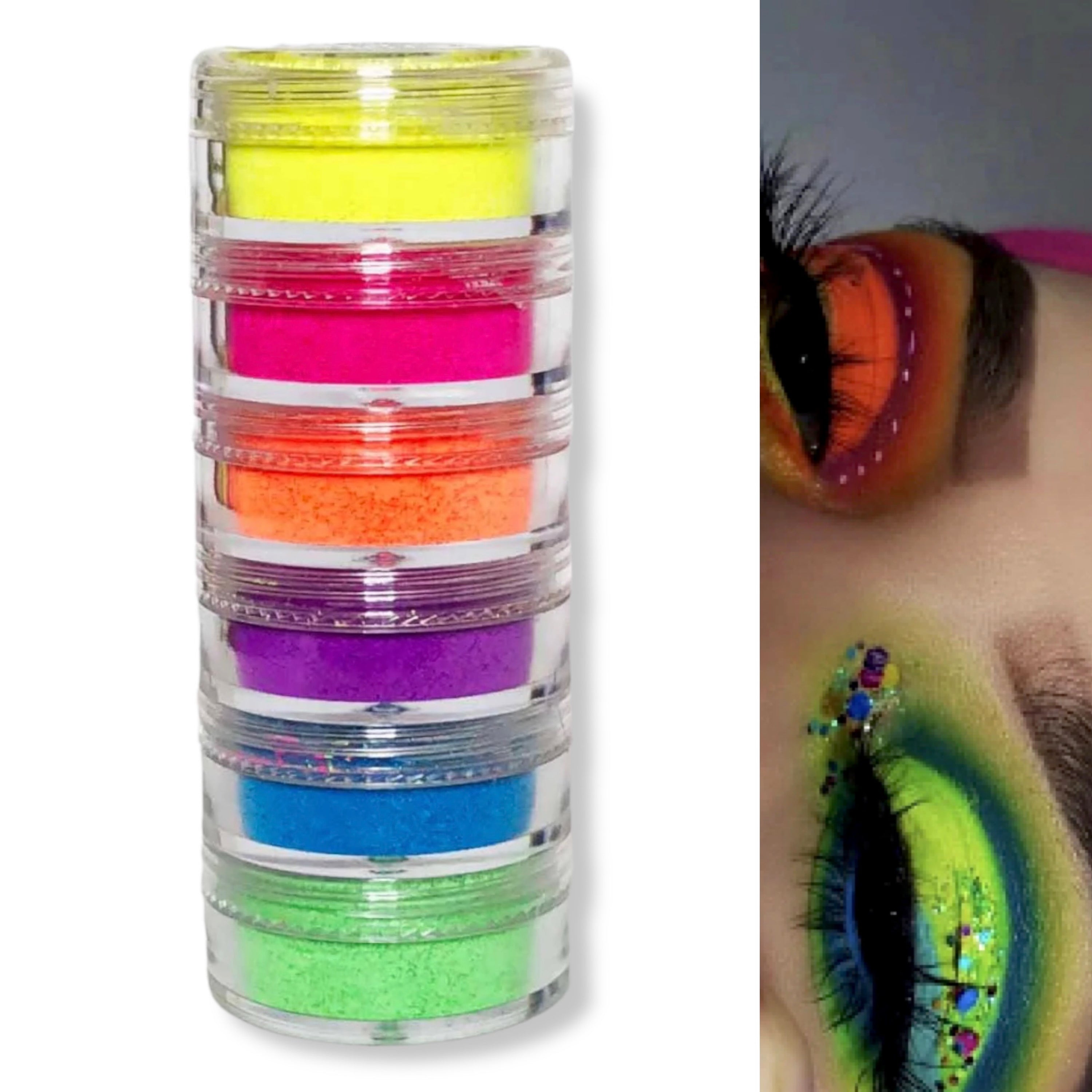 A vibrant stack of six neon pigments in assorted colors including yellow, green, pink, purple, orange, and blue, perfect for bold makeup looks.