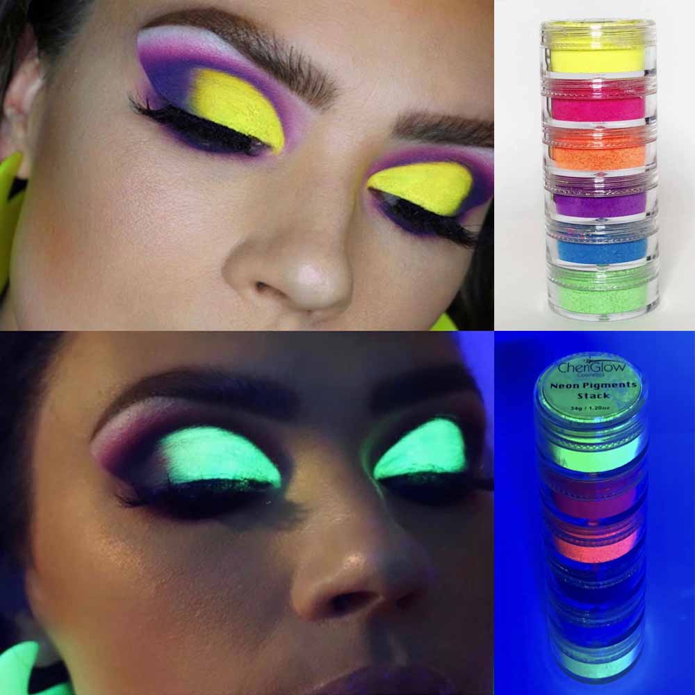 A vibrant stack of six neon pigments in assorted colors including yellow, green, pink, purple, orange, and blue, perfect for bold makeup looks.