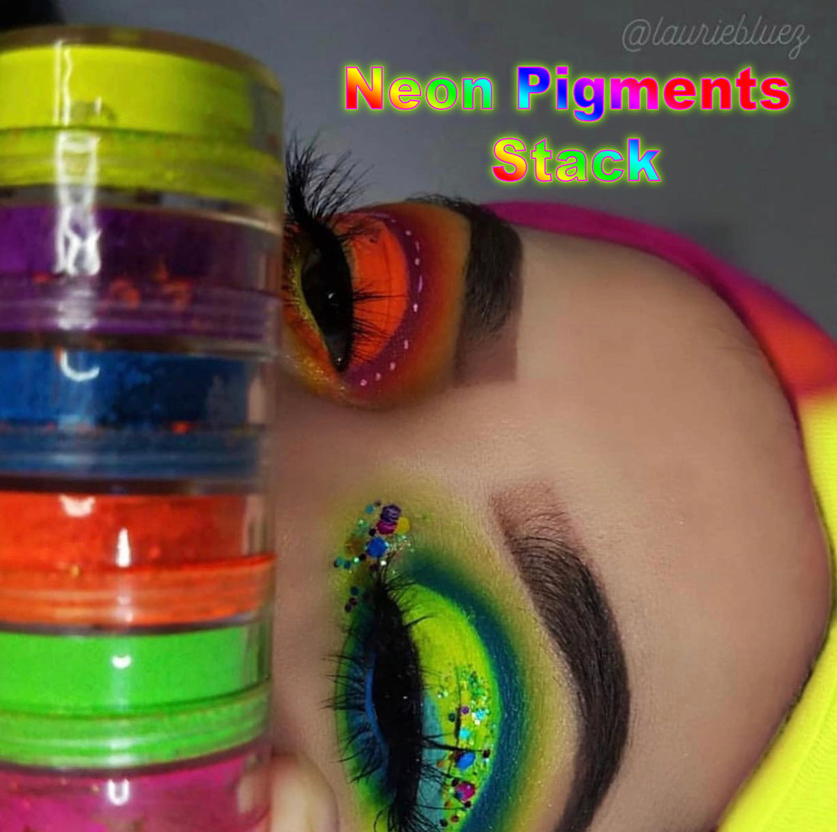 A vibrant stack of six neon pigments in assorted colors including yellow, green, pink, purple, orange, and blue, perfect for bold makeup looks.