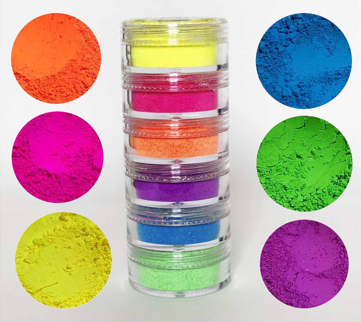 A vibrant stack of six neon pigments in assorted colors including yellow, green, pink, purple, orange, and blue, perfect for bold makeup looks.