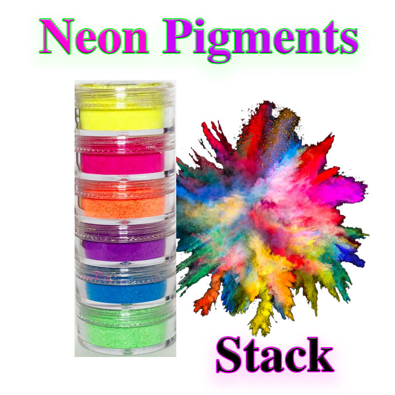 A vibrant stack of six neon pigments in assorted colors including yellow, green, pink, purple, orange, and blue, perfect for bold makeup looks.