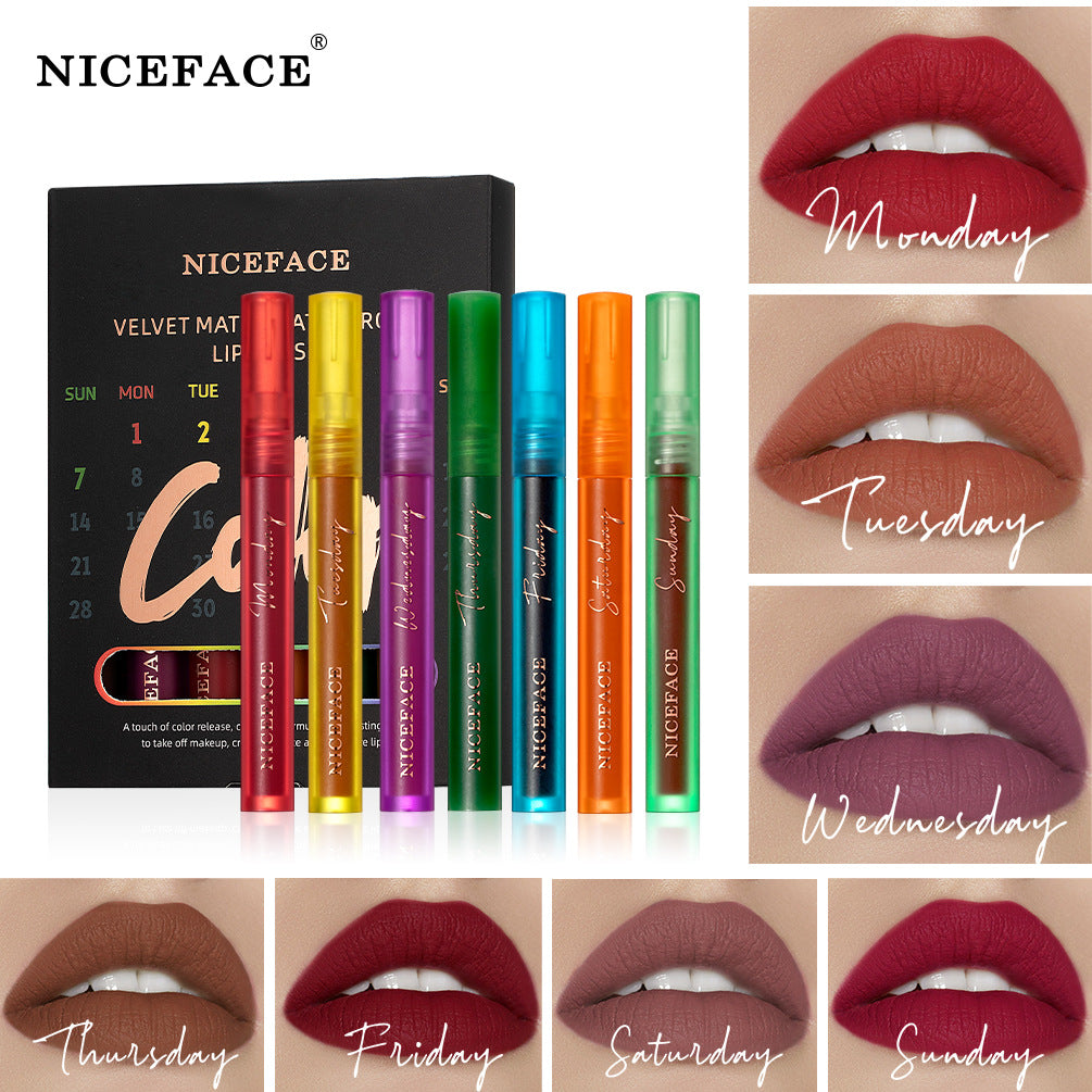 Niceface Weekly Lip Gloss set featuring 7 velvet matte shades in elegant packaging.