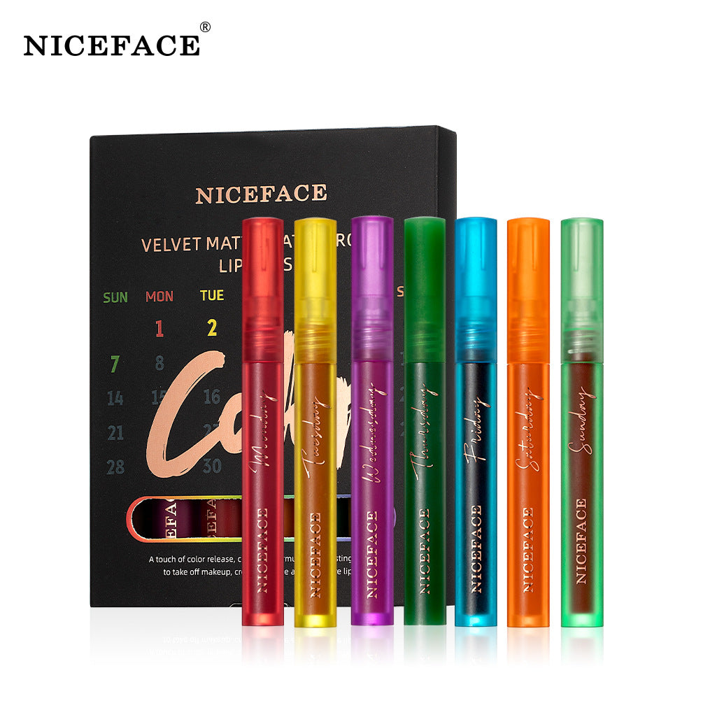 Niceface Weekly Lip Gloss set featuring 7 velvet matte shades in elegant packaging.