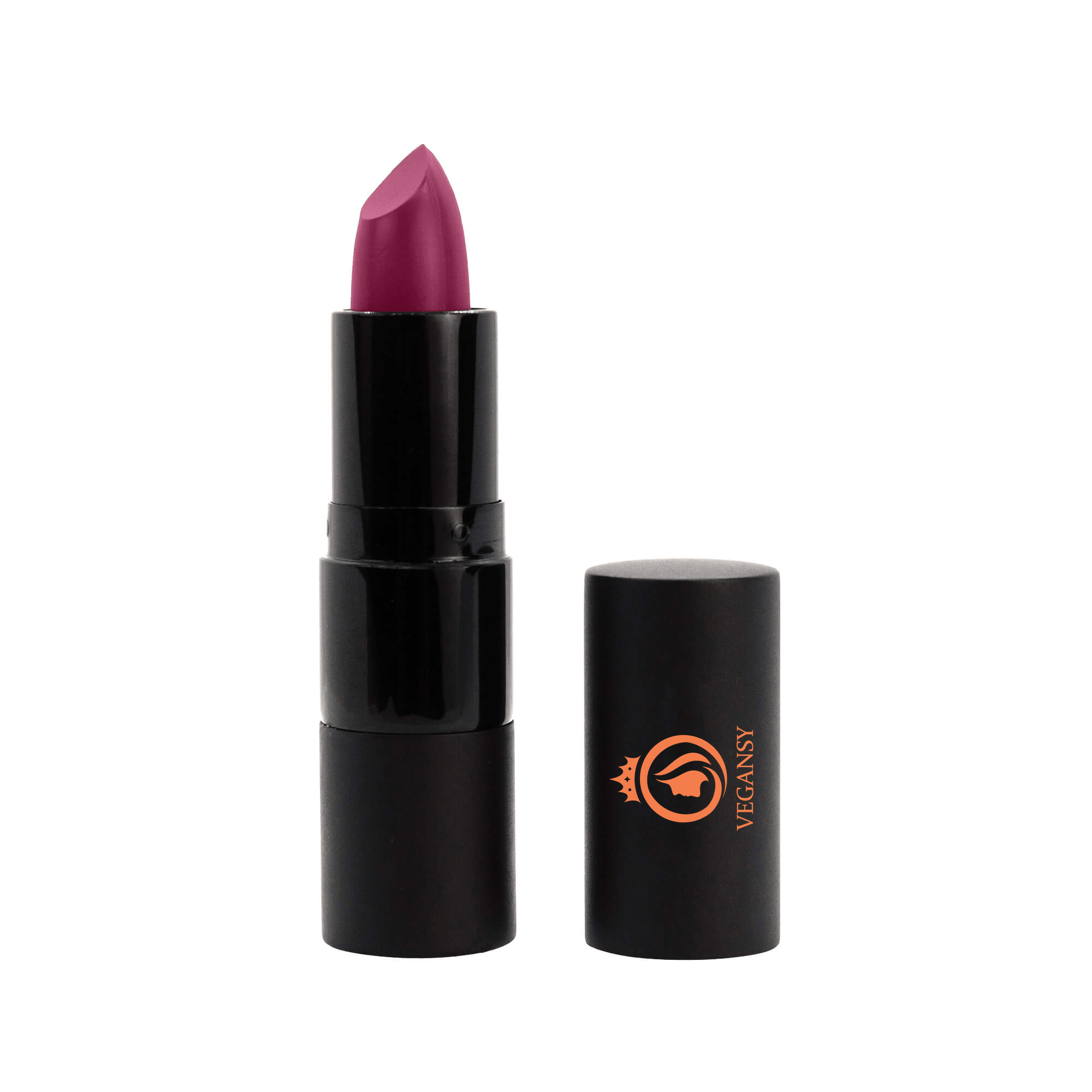 A vibrant lipstick tube labeled 'Passion' showcasing a creamy finish, enriched with coconut oil and vitamin E for hydration.