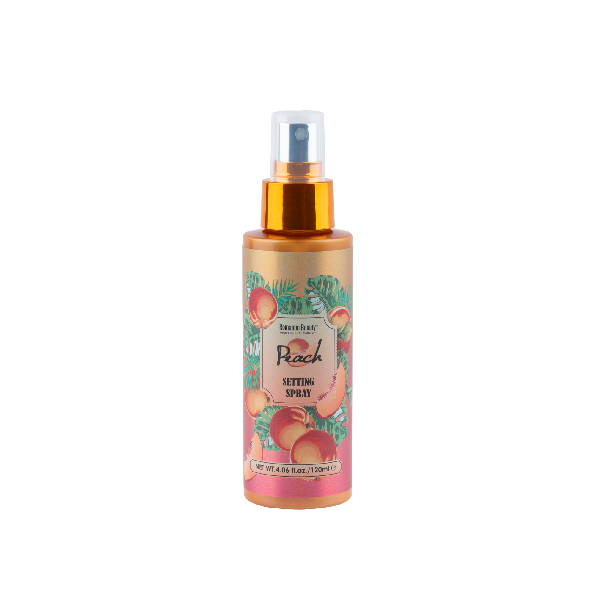 Peach Perfect Stay Setting Spray in an elegant glass bottle with gold flakes, designed for flawless makeup application.