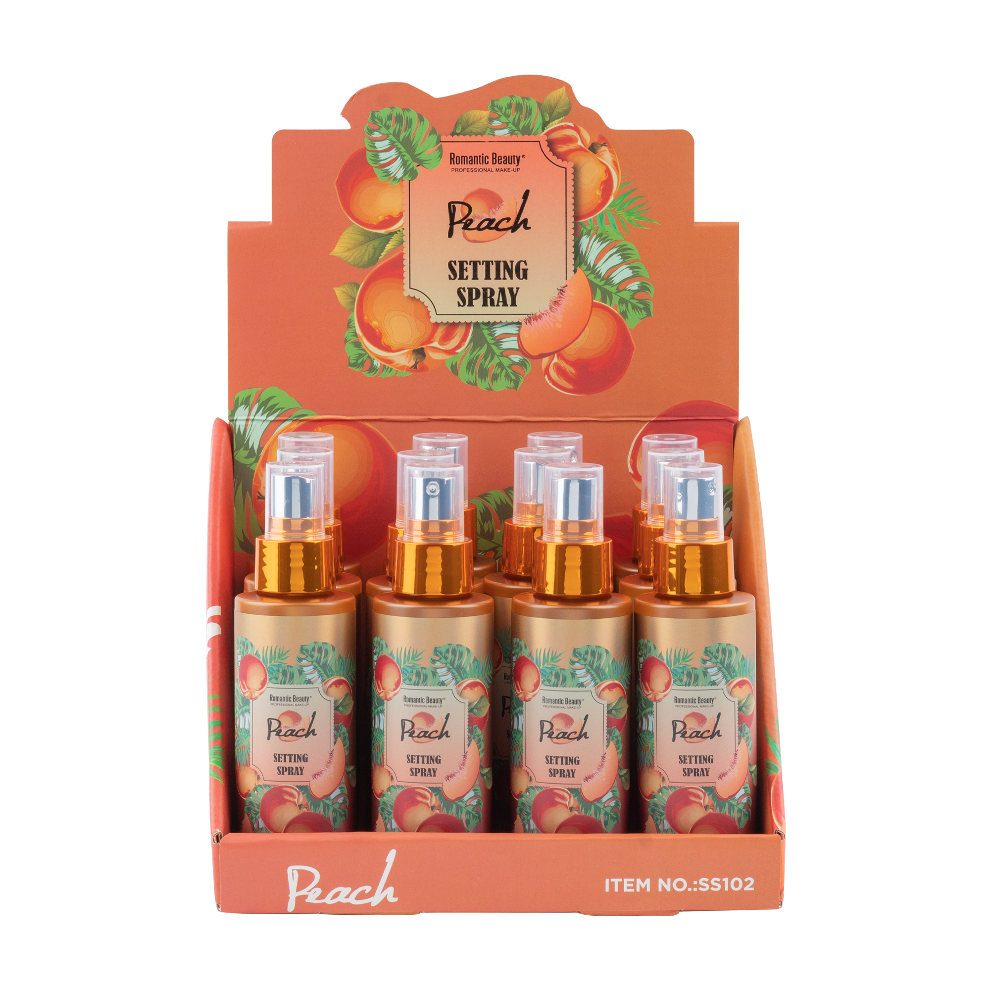 Peach Perfect Stay Setting Spray in an elegant glass bottle with gold flakes, designed for flawless makeup application.