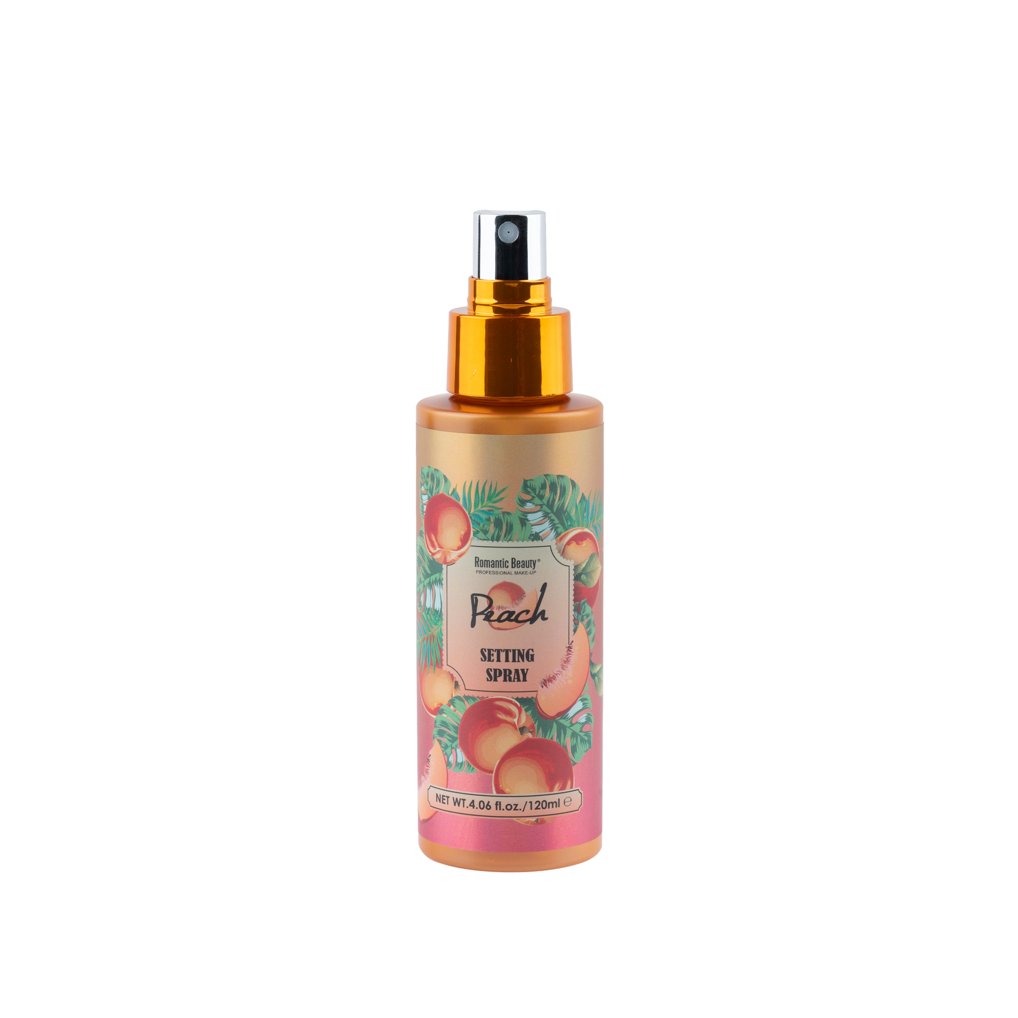 Peach Perfect Stay Setting Spray in an elegant glass bottle with gold flakes, designed for flawless makeup application.