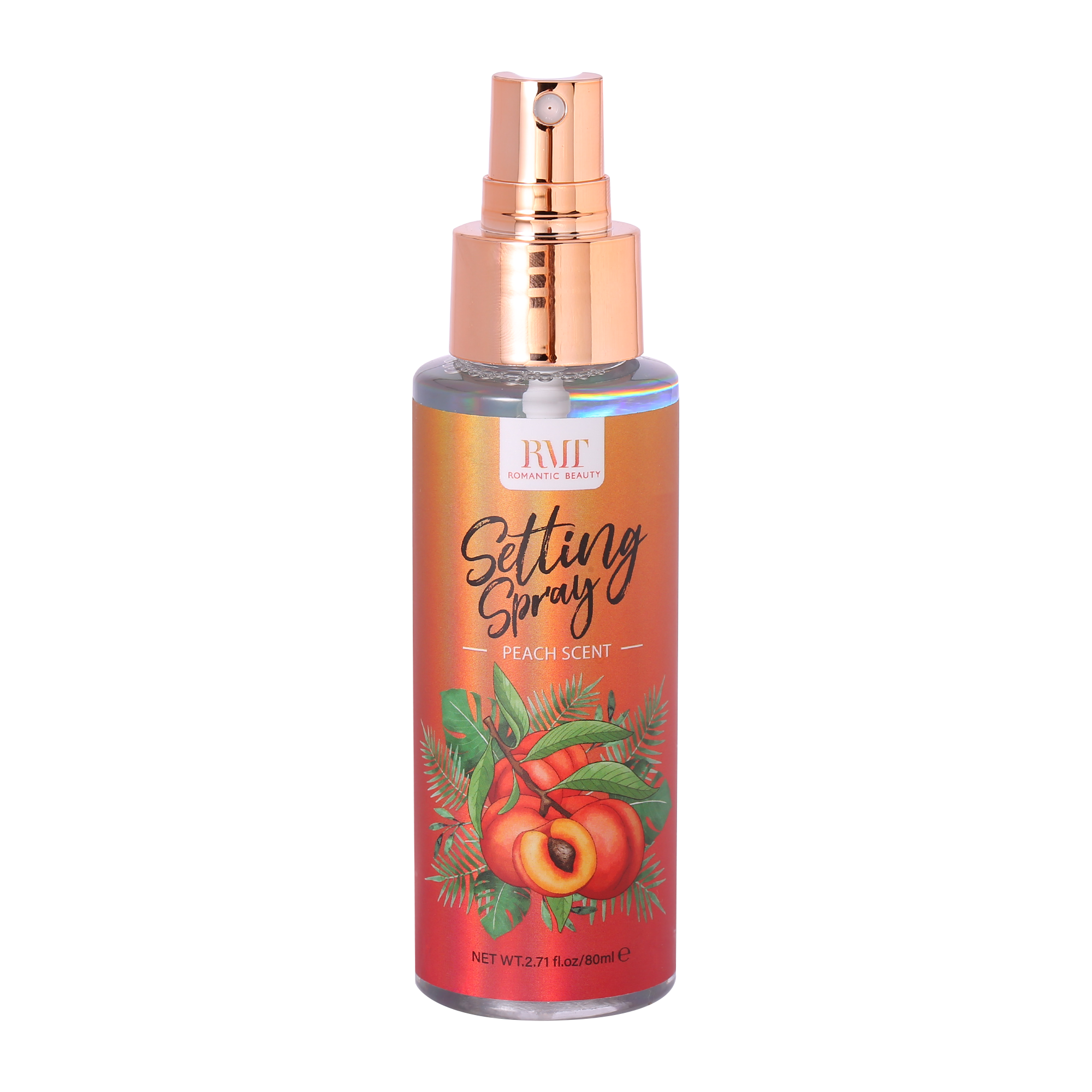 Peach Perfect Stay Setting Spray in an elegant glass bottle with gold flakes, designed for flawless makeup application.