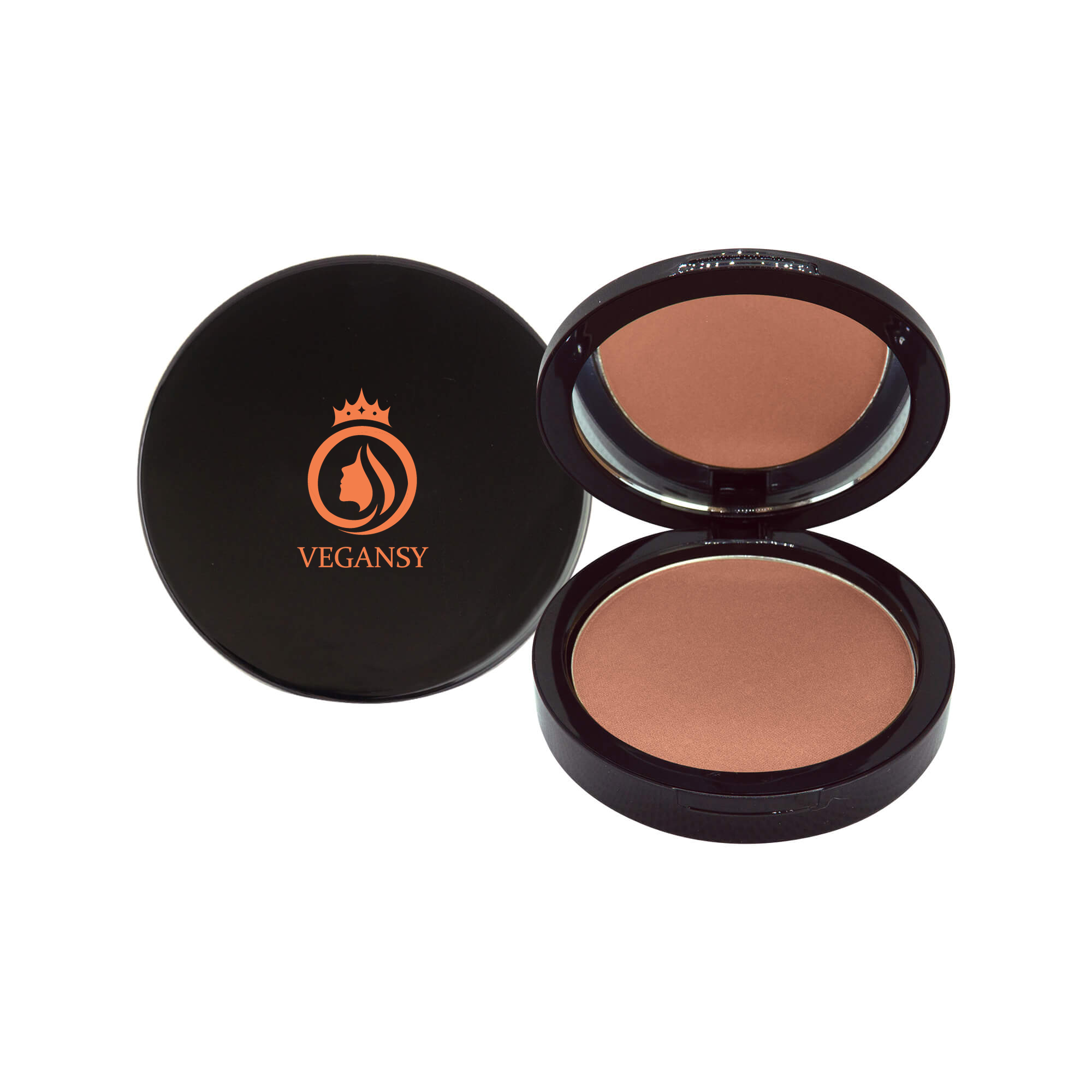 Pecan bronzer in a compact with a silky texture, showcasing its natural tan and sculpting capabilities.