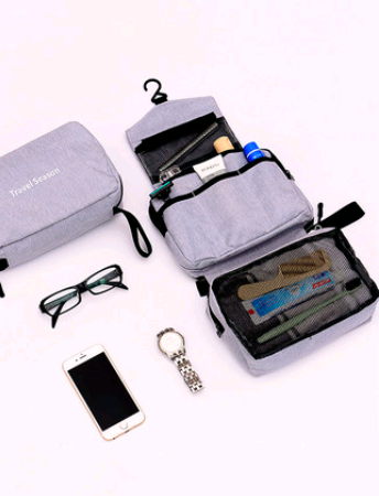 Portable Travel Hook Multifunction Makeup Bag with multiple pockets and a hanging hook, ideal for organizing cosmetics and toiletries.