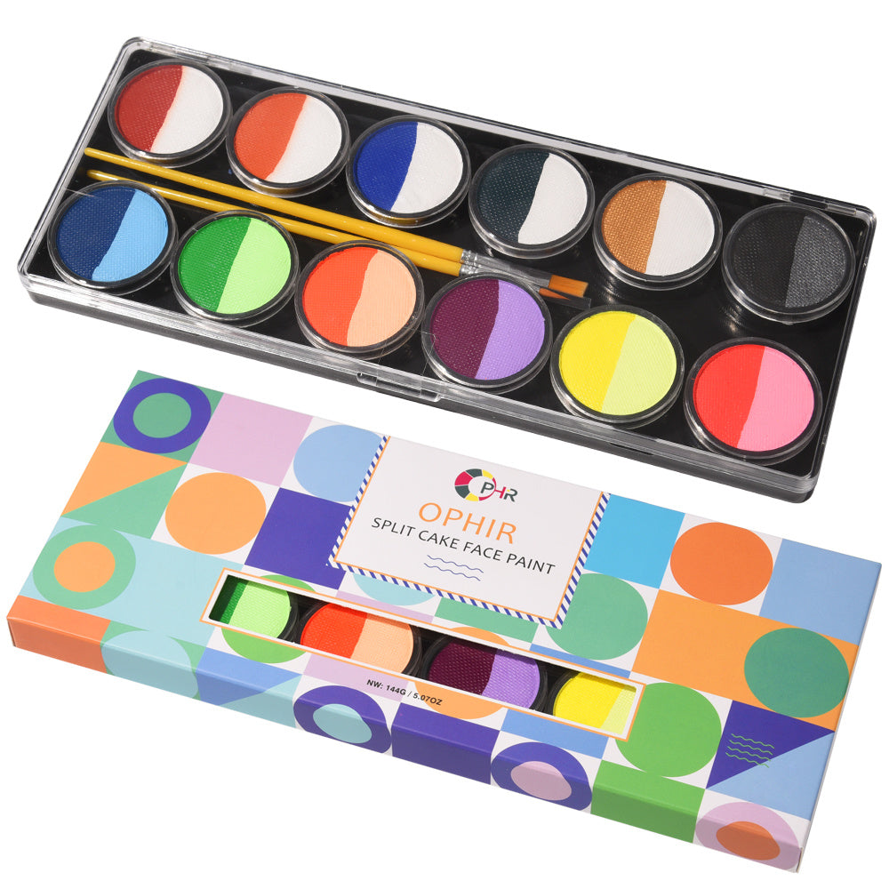 A vibrant set of Rainbow Face Paint featuring 12 colorful groups in a compact box, ideal for body art and temporary tattoos.