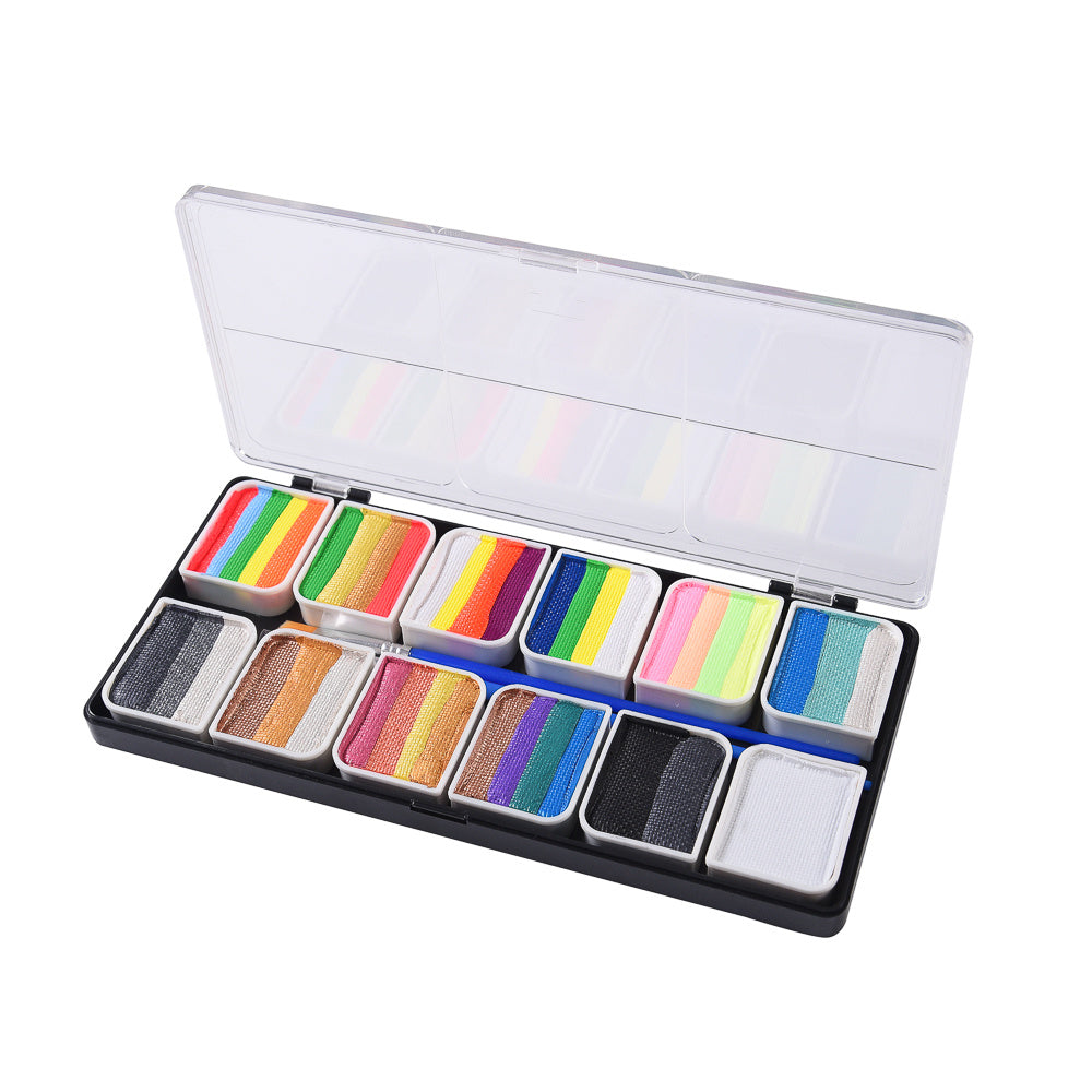 A vibrant set of Rainbow Face Paint featuring 12 colorful groups in a compact box, ideal for body art and temporary tattoos.