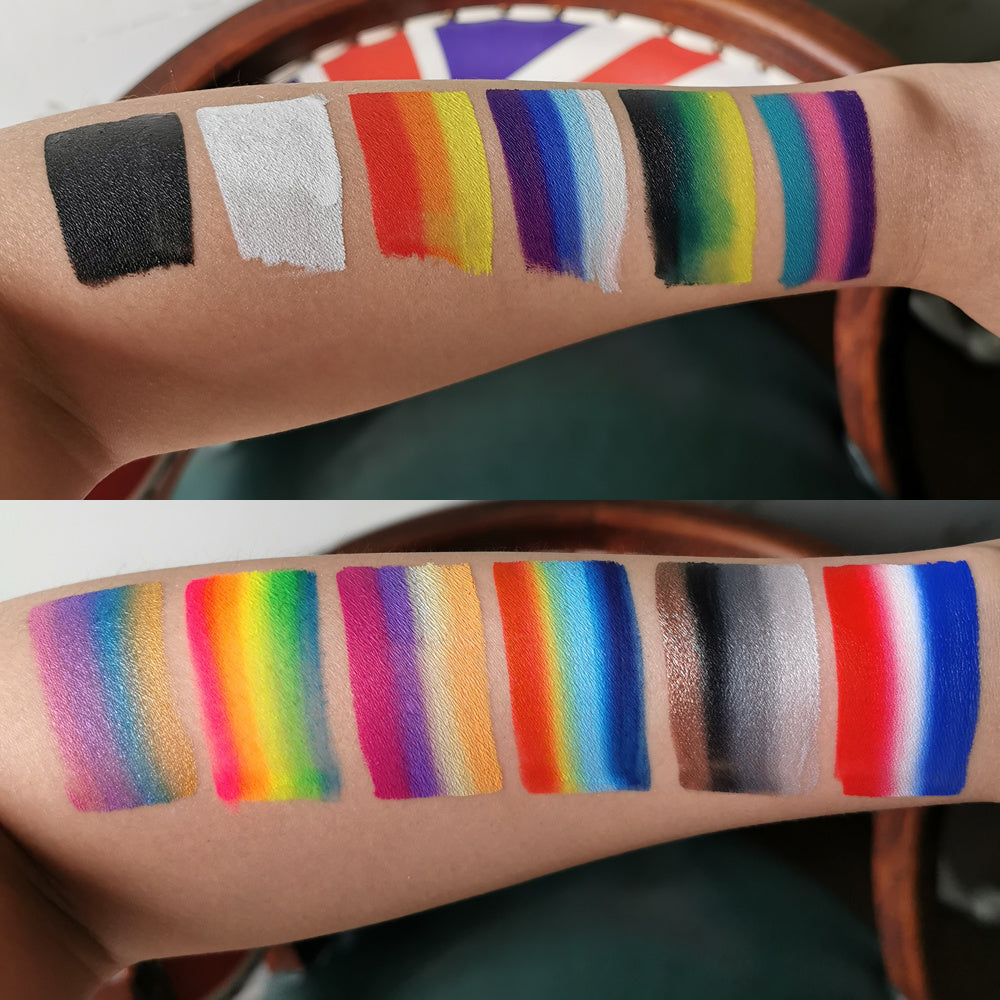 A vibrant set of Rainbow Face Paint featuring 12 colorful groups in a compact box, ideal for body art and temporary tattoos.