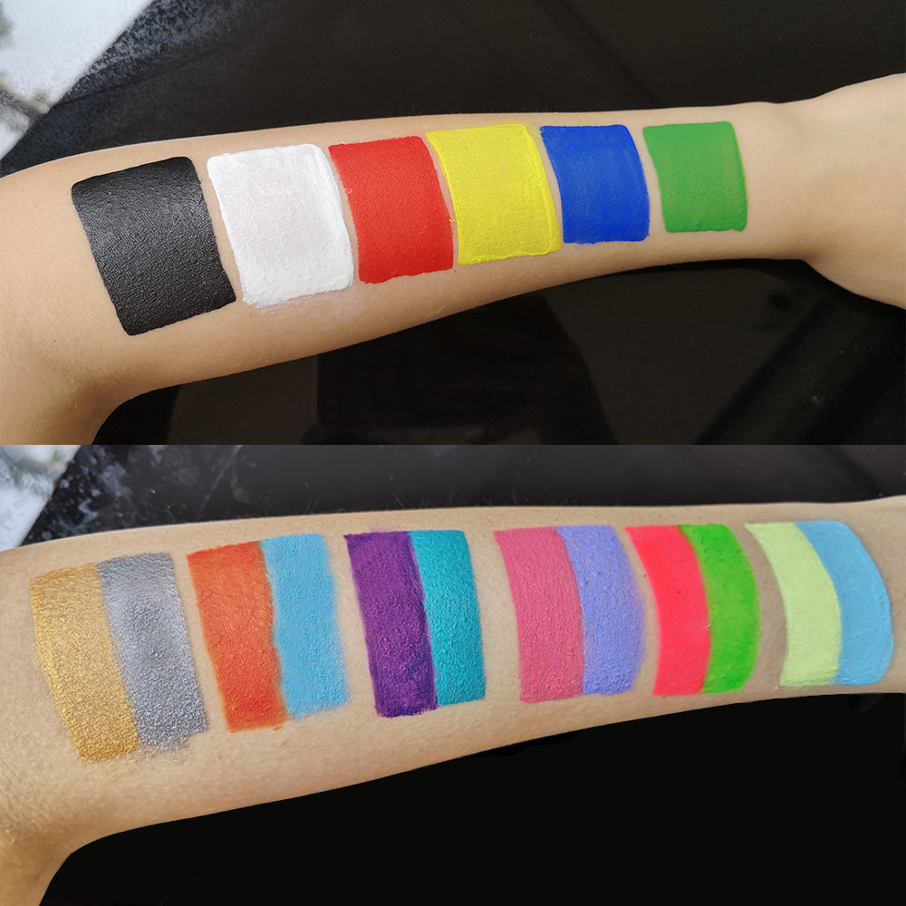 A vibrant set of Rainbow Face Paint featuring 12 colorful groups in a compact box, ideal for body art and temporary tattoos.