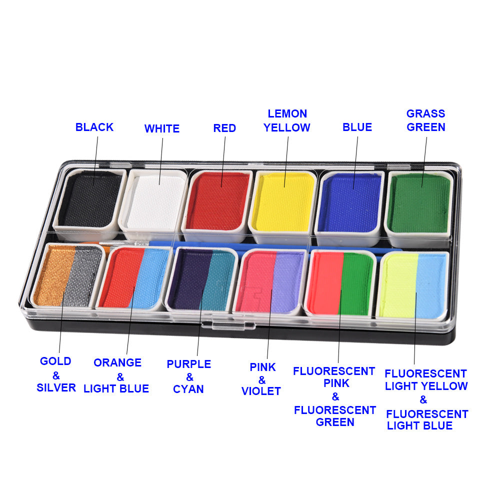 A vibrant set of Rainbow Face Paint featuring 12 colorful groups in a compact box, ideal for body art and temporary tattoos.