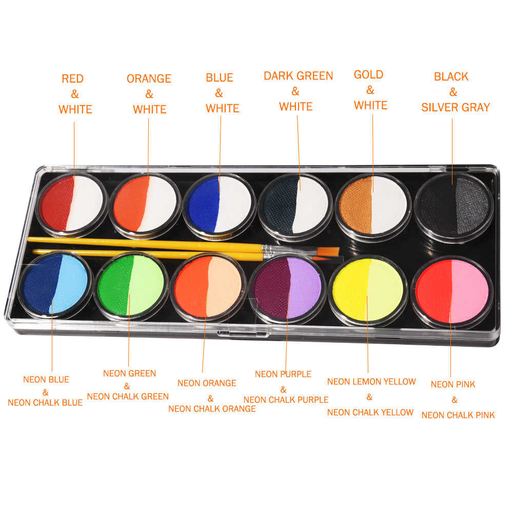 A vibrant set of Rainbow Face Paint featuring 12 colorful groups in a compact box, ideal for body art and temporary tattoos.