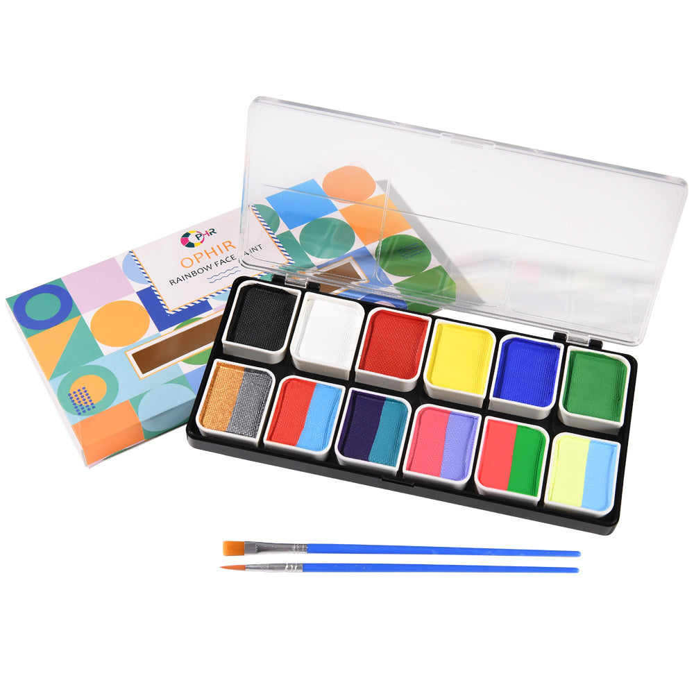 A vibrant set of Rainbow Face Paint featuring 12 colorful groups in a compact box, ideal for body art and temporary tattoos.