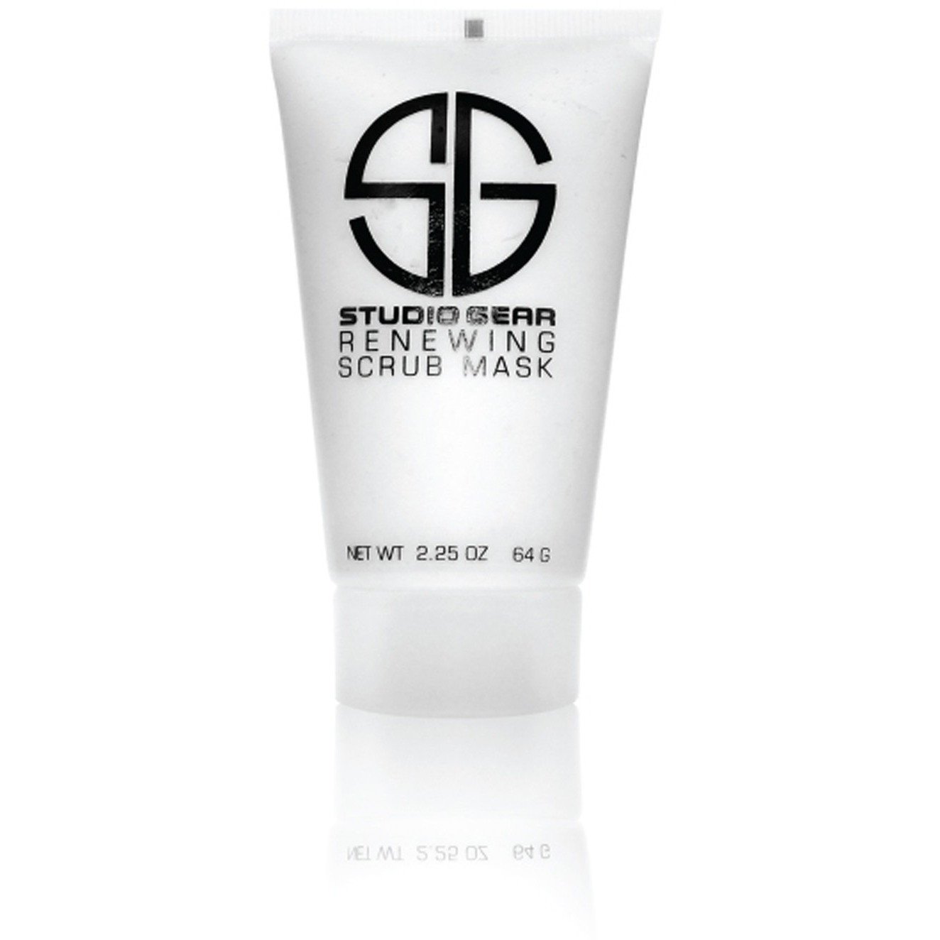 Studio Gear Cosmetics Renewing Scrub Mask in a sleek jar, showcasing its creamy texture and rich ingredients for skin rejuvenation.