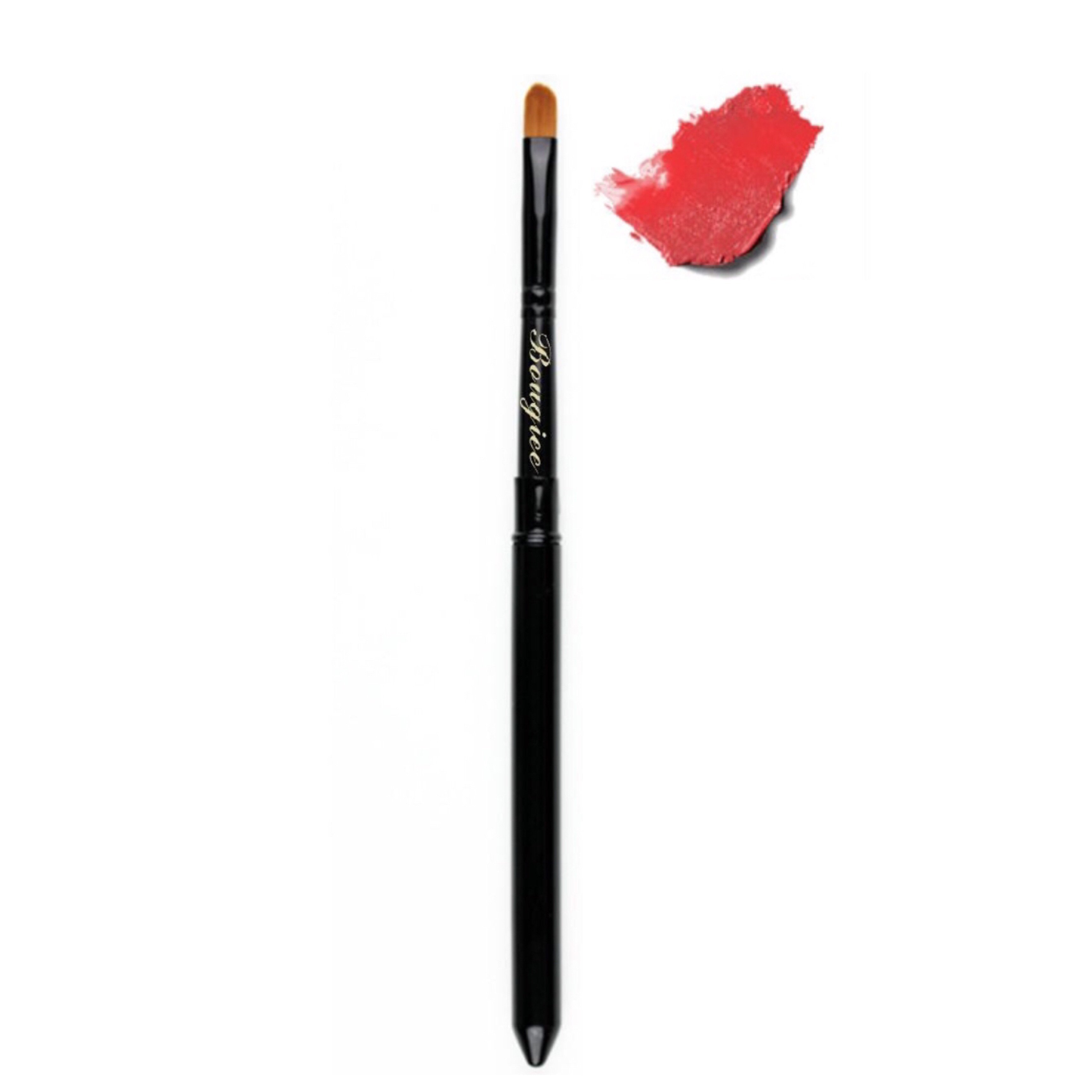 Retractable Lip Liner Brush with soft goat hair bristles, polished black ferrule, and high gloss birch wood handle, ideal for precise lip application.