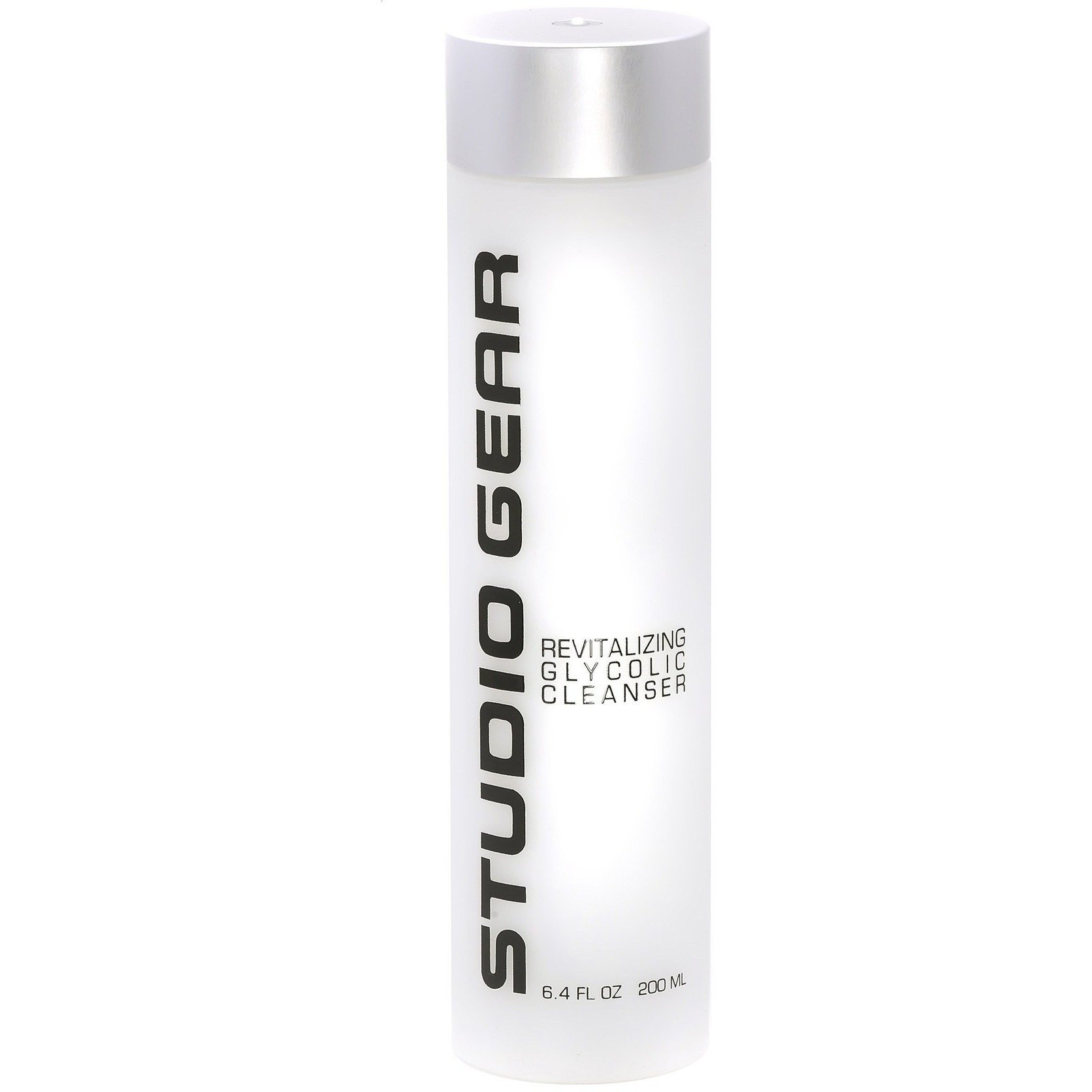 Studio Gear Cosmetics Revitalizing Glycolic Cleanser in a sleek bottle, showcasing its gel/cream texture and vibrant packaging.