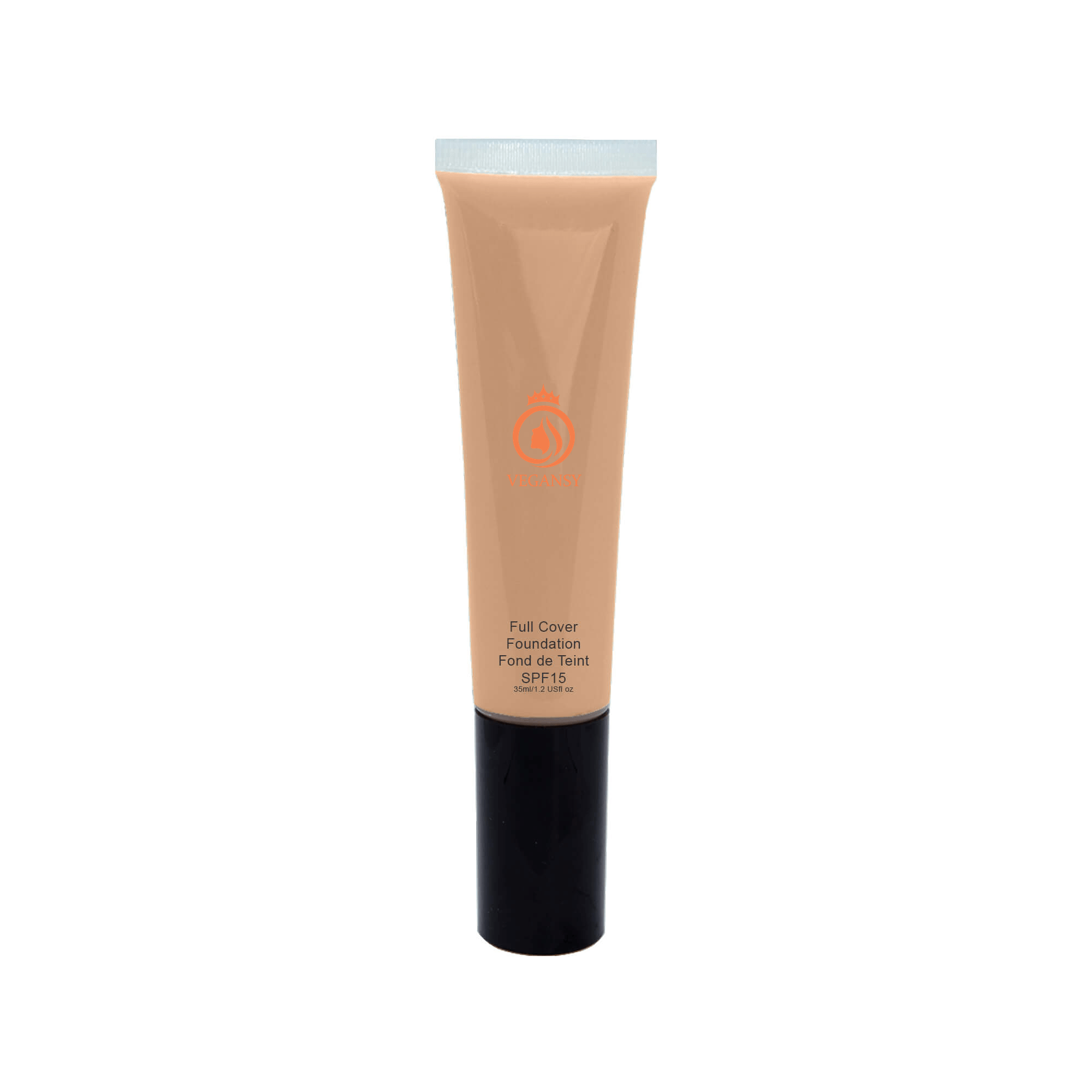 A bottle of Seashell Full Cover Foundation showcasing its sleek design and creamy texture.