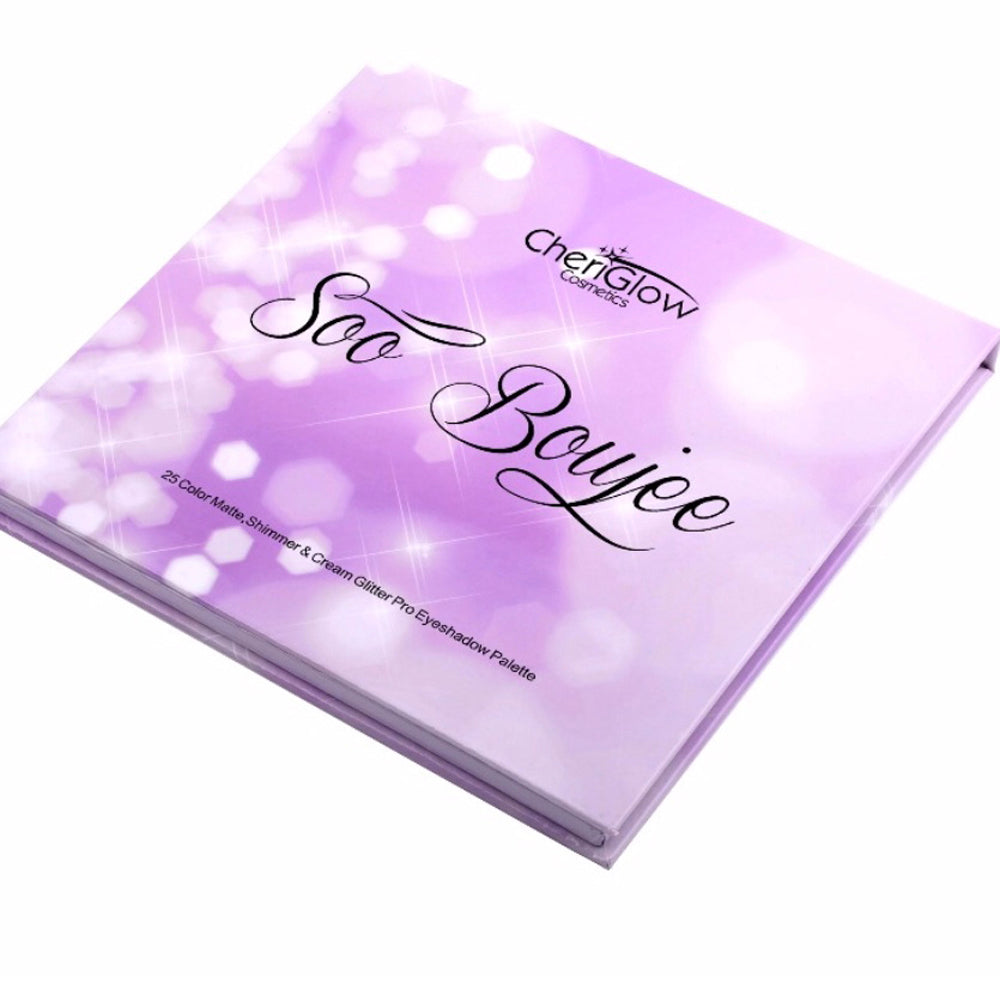 Soo Boujee 25 Color Matte, Shimmer & Cream Glitter Pro Eyeshadow Palette showcasing vibrant colors and textures.