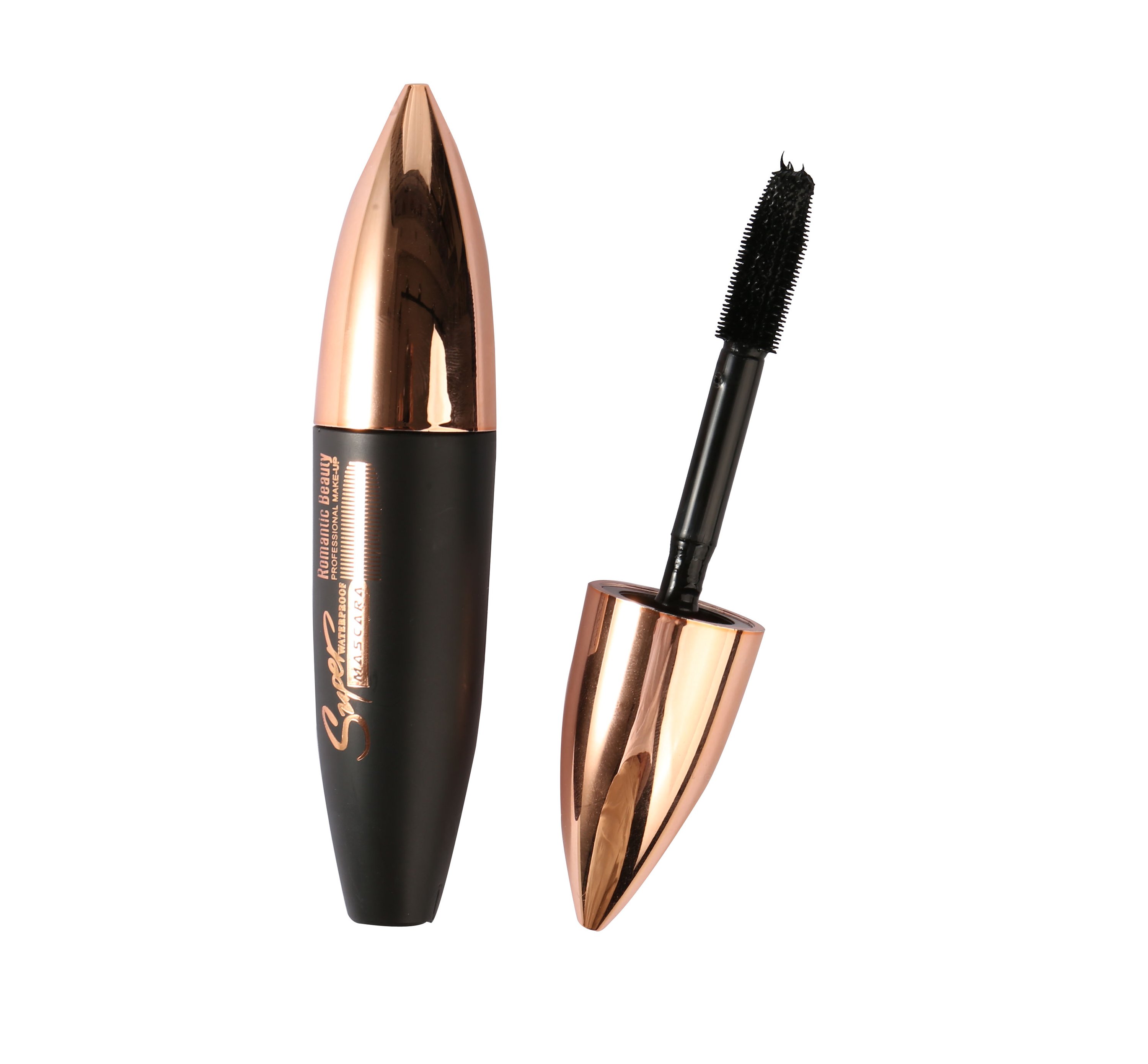 A tube of Super Long Lasting Waterproof Mascara by Romantic Beauty, showcasing its sleek design and applicator brush.